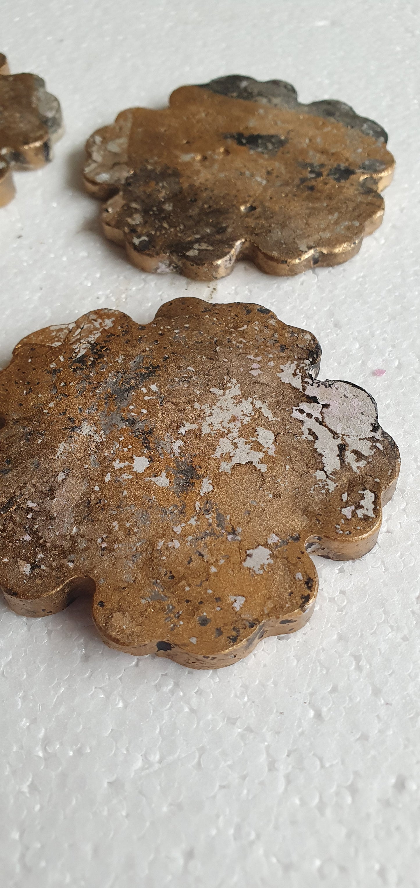 Set Of Four Flower Coasters Grey Cement Base Gold Black Home Decor Gift