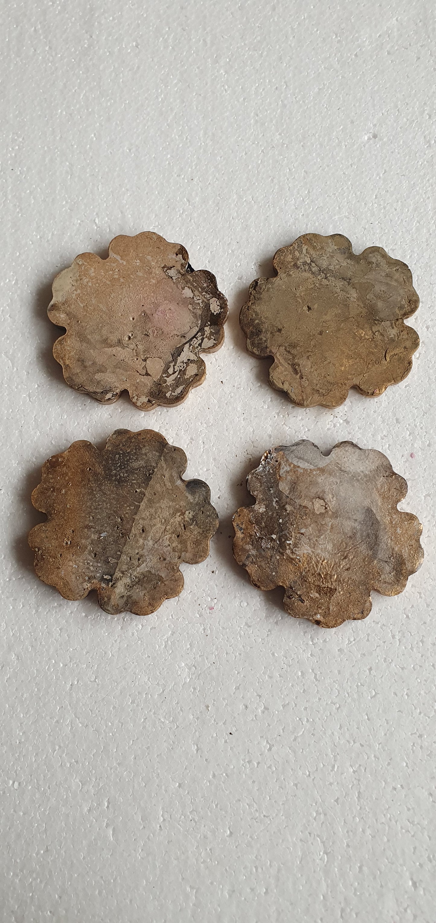 Set Of Four Flower Coasters Grey Cement Base Gold Black Home Decor Gift