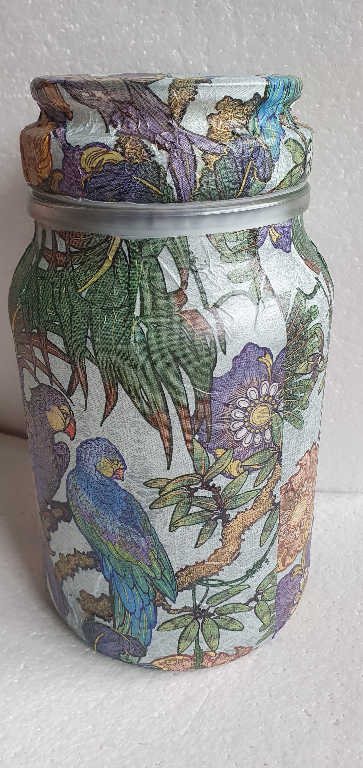 Large Hand Decorated Glass Pin Cushion Jar Blue Green Purple Parrots Crafters Gift