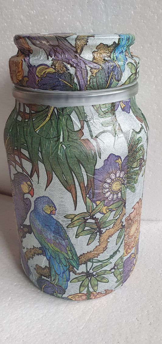 Large Hand Decorated Glass Pin Cushion Jar Blue Green Purple Parrots Crafters Gift