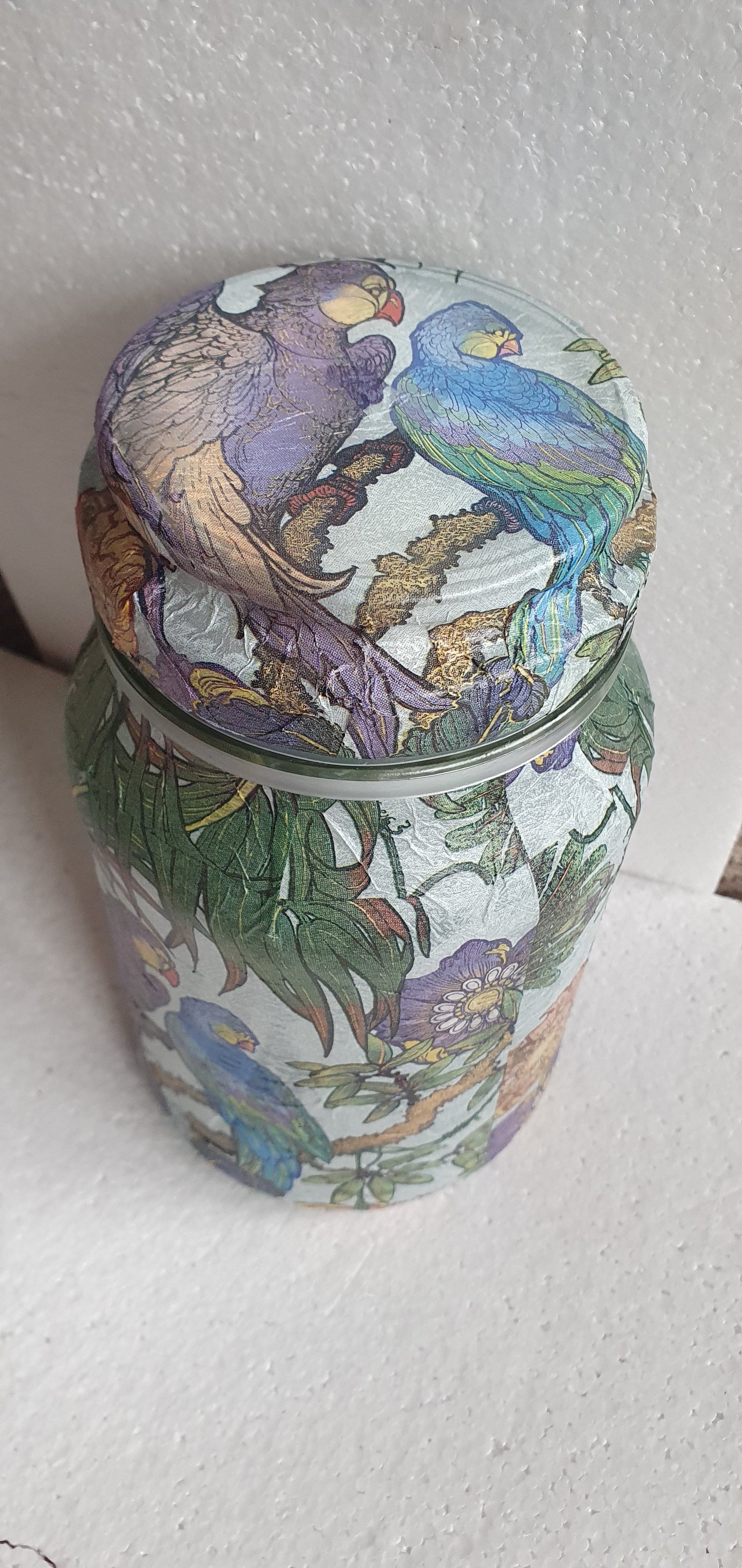 Large Hand Decorated Glass Pin Cushion Jar Blue Green Purple Parrots Crafters Gift