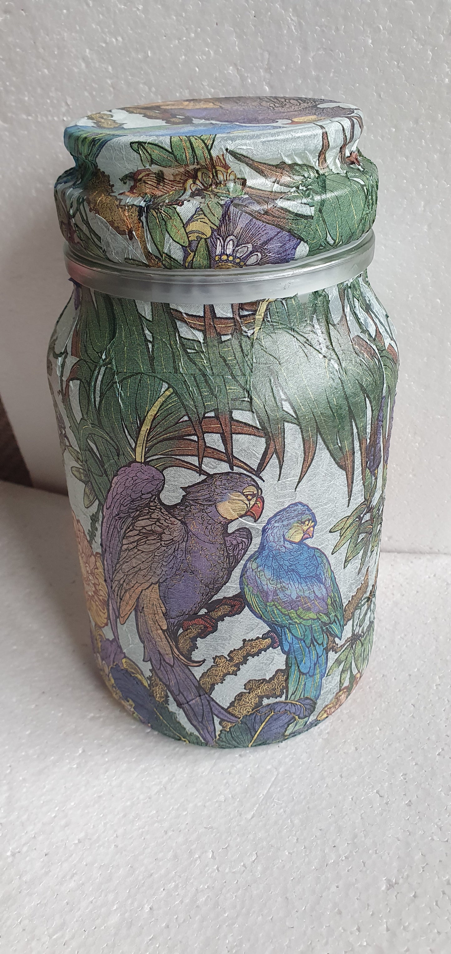 Large Hand Decorated Glass Pin Cushion Jar Blue Green Purple Parrots Crafters Gift