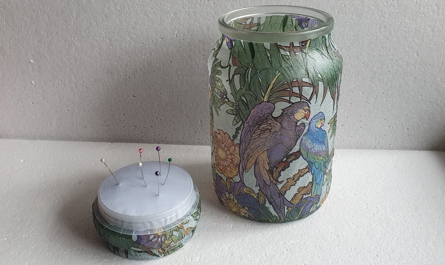 Large Hand Decorated Glass Pin Cushion Jar Blue Green Purple Parrots Crafters Gift