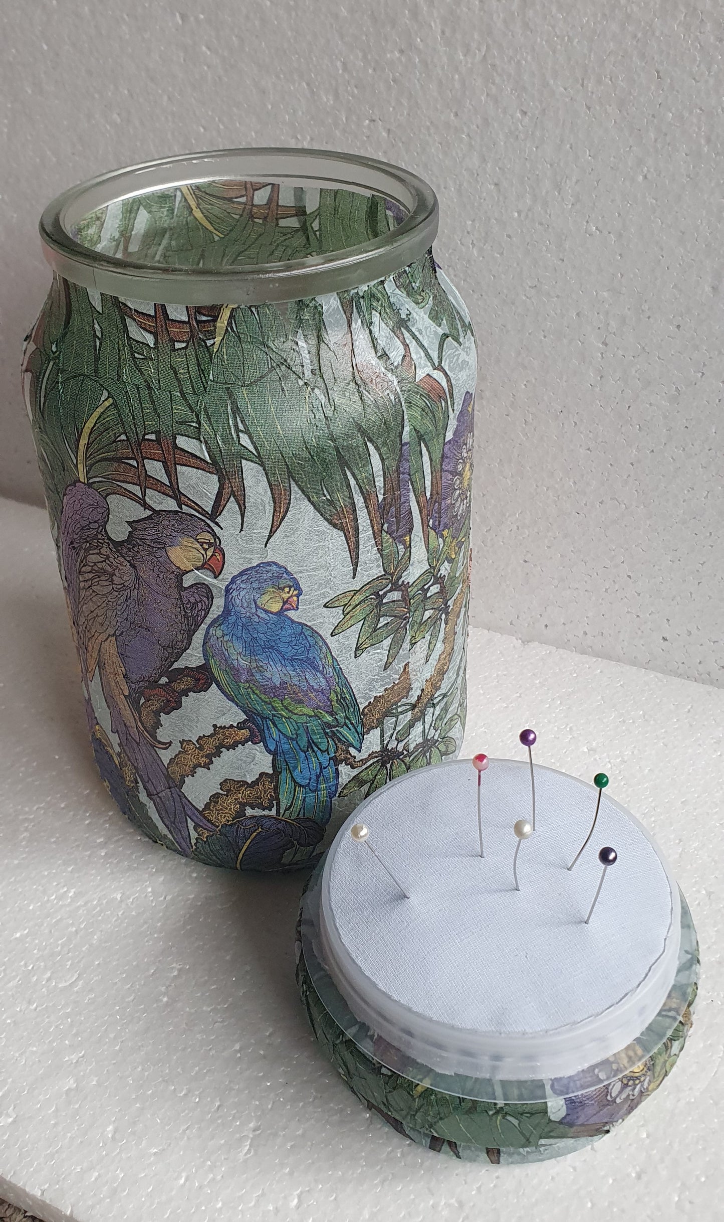 Large Hand Decorated Glass Pin Cushion Jar Blue Green Purple Parrots Crafters Gift