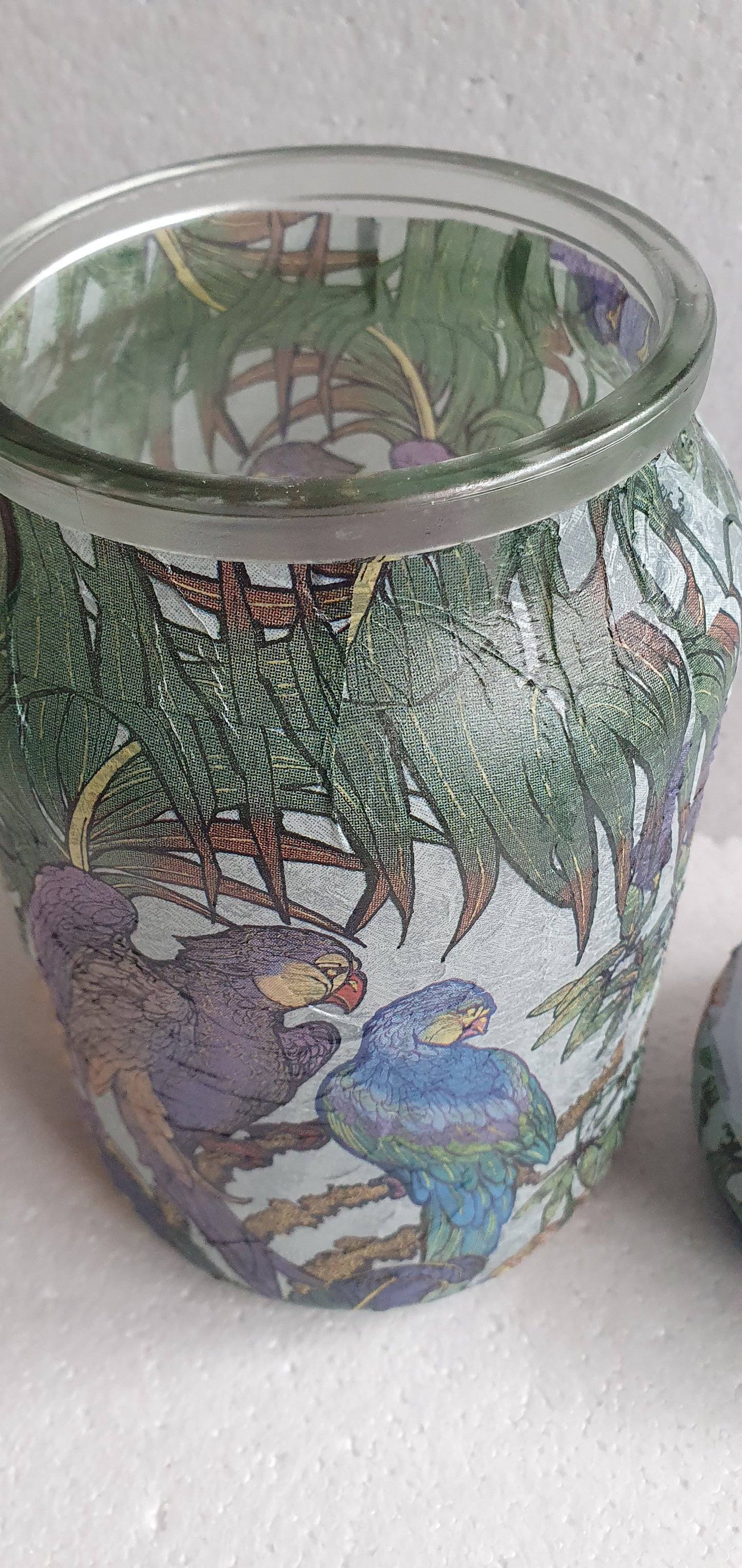 Large Hand Decorated Glass Pin Cushion Jar Blue Green Purple Parrots Crafters Gift