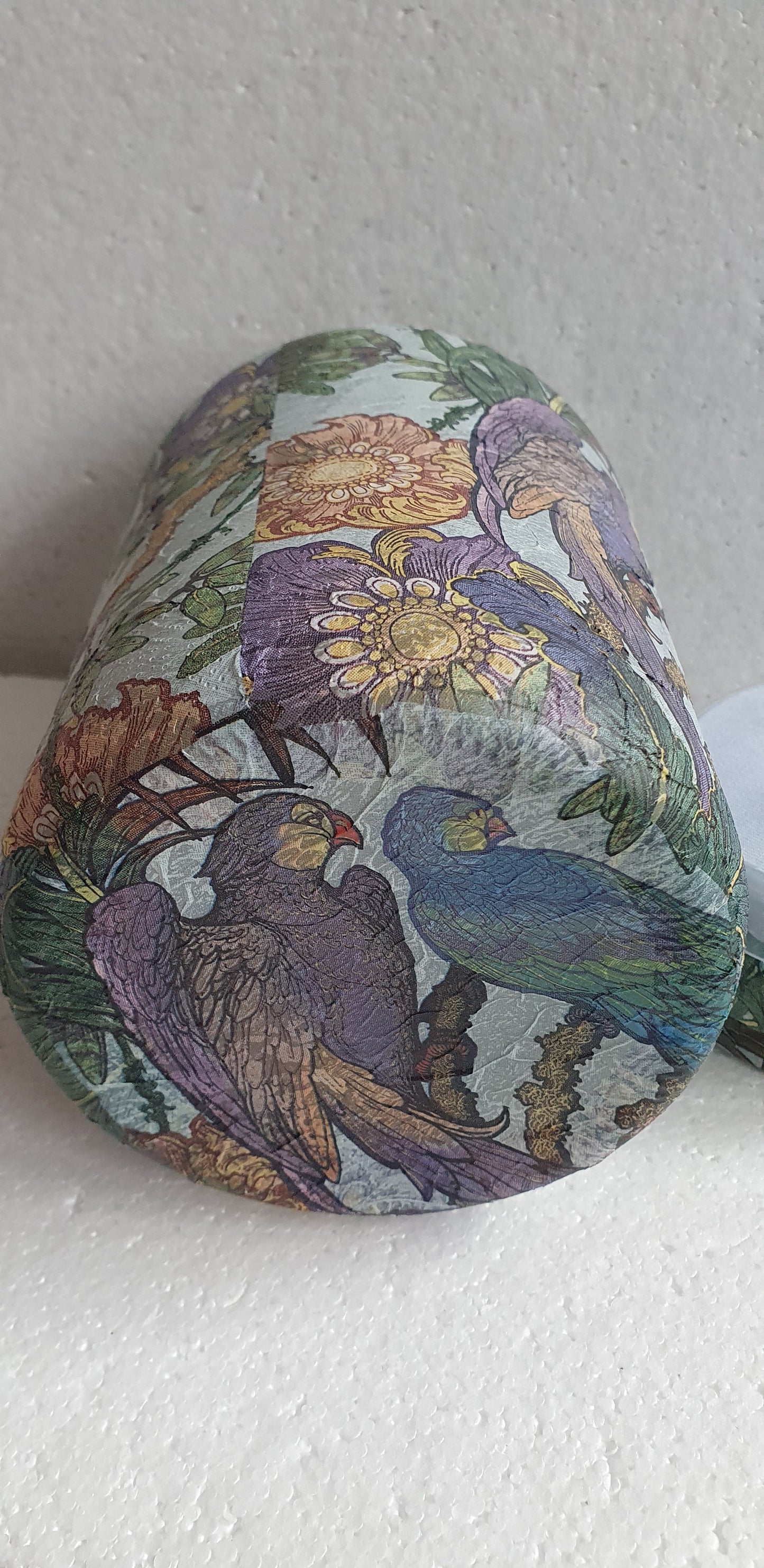 Large Hand Decorated Glass Pin Cushion Jar Blue Green Purple Parrots Crafters Gift