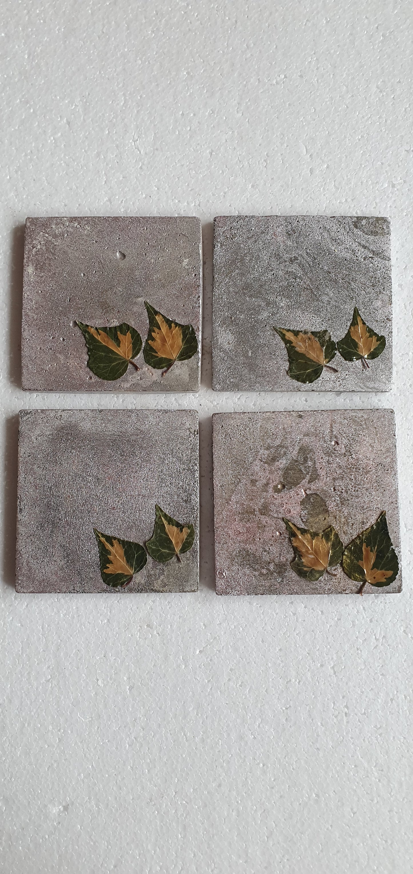 Set Of Four Coasters Grey Cement Base Pink, Metallic, Green Leaves Home Decor Gift