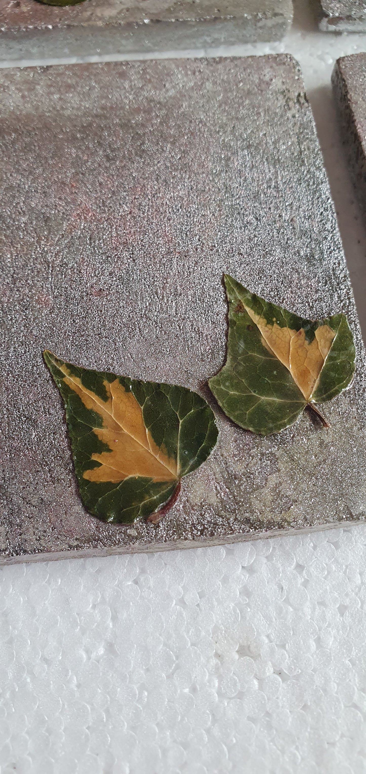 Set Of Four Coasters Grey Cement Base Pink, Metallic, Green Leaves Home Decor Gift