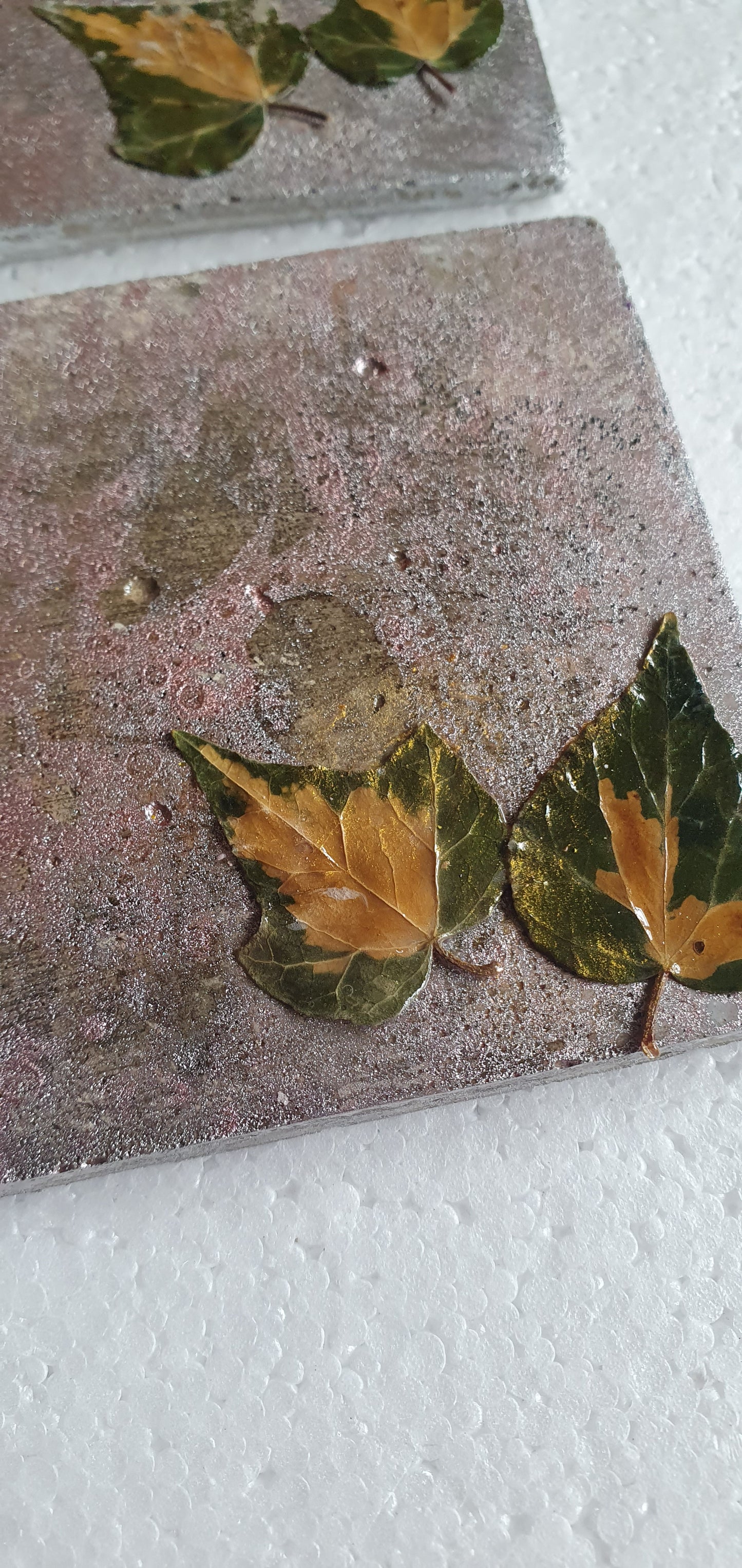 Set Of Four Coasters Grey Cement Base Pink, Metallic, Green Leaves Home Decor Gift