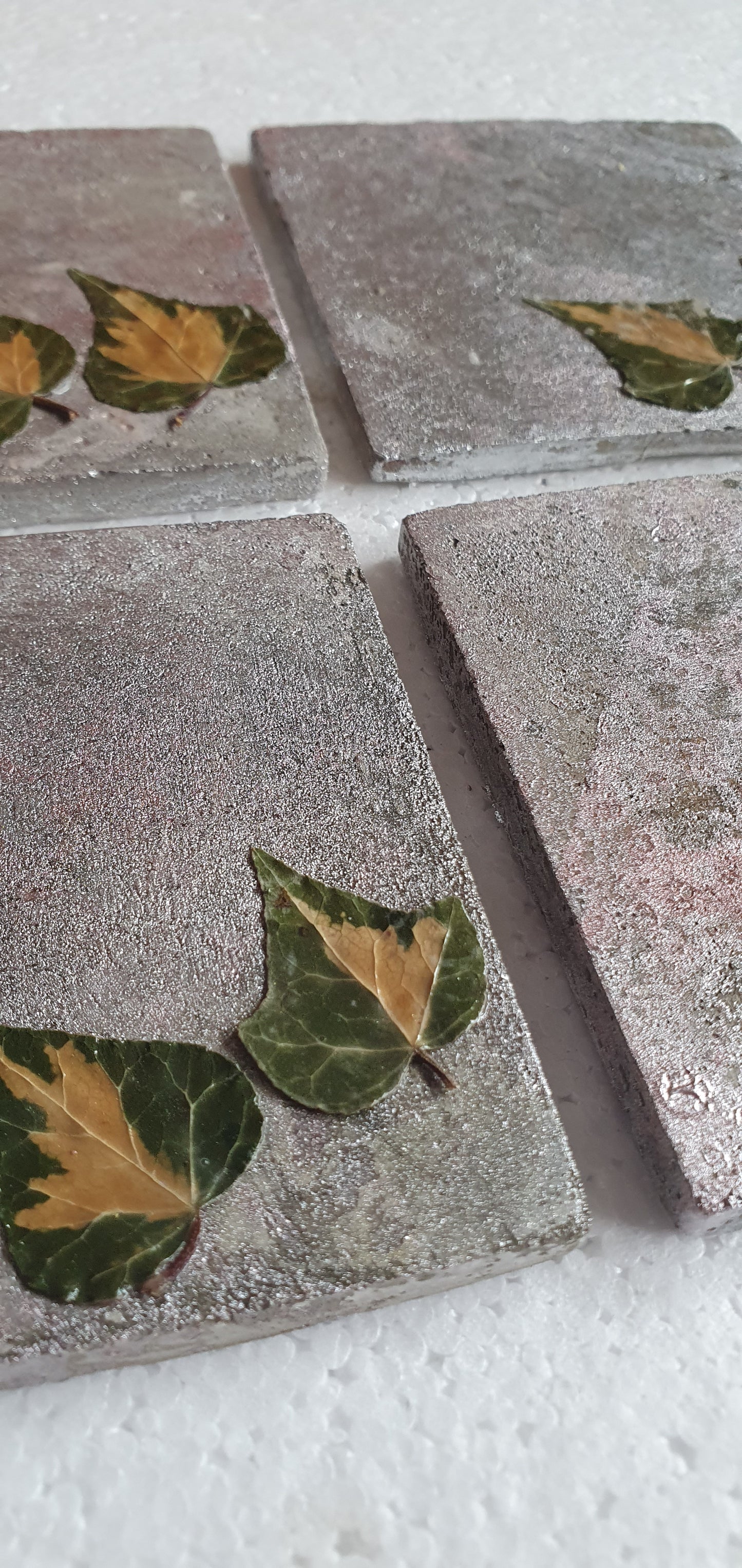 Set Of Four Coasters Grey Cement Base Pink, Metallic, Green Leaves Home Decor Gift