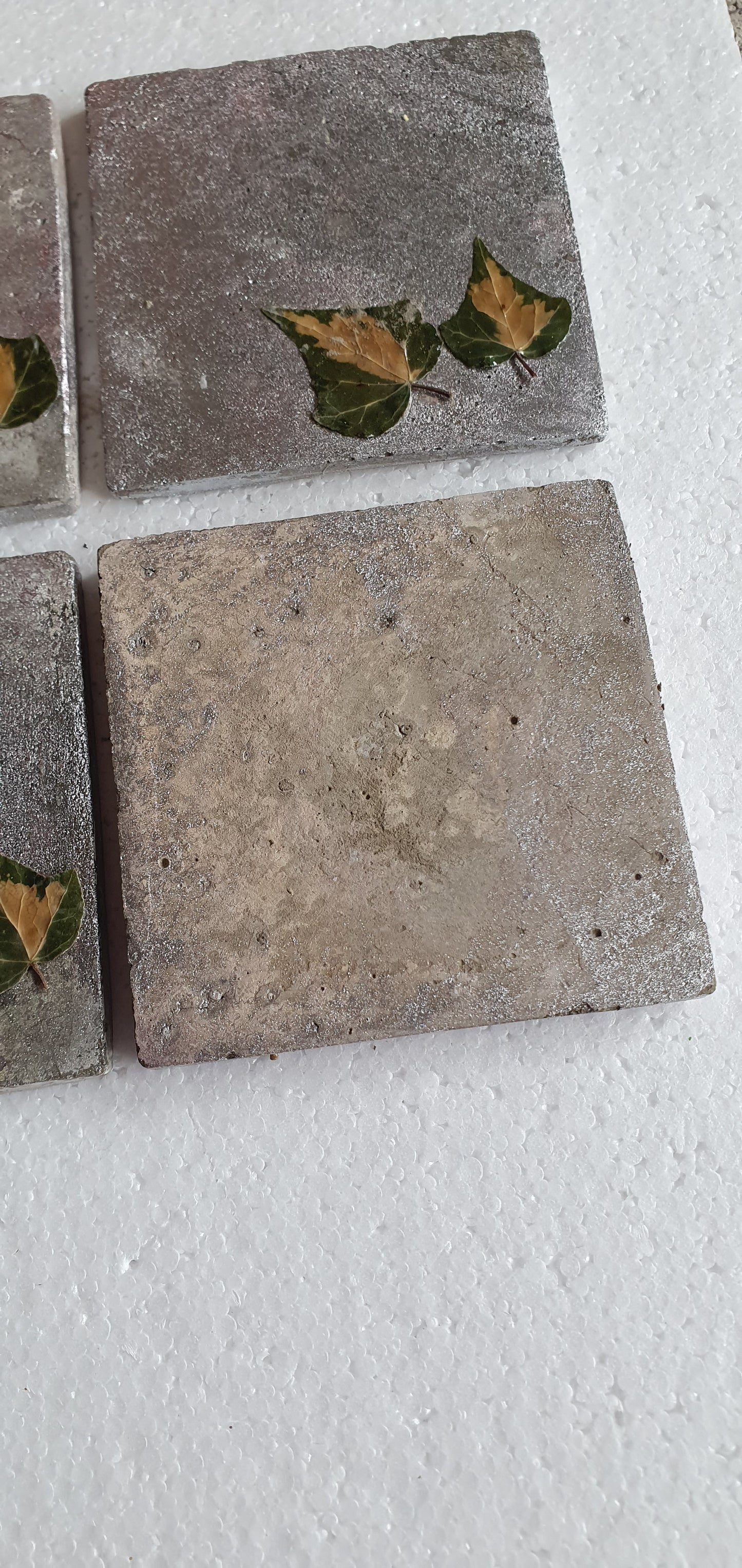 Set Of Four Coasters Grey Cement Base Pink, Metallic, Green Leaves Home Decor Gift