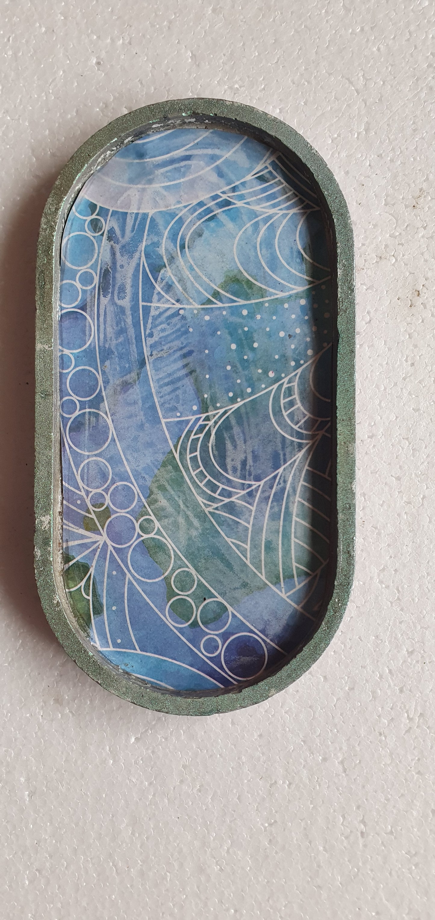 Decoupage Trinket Tray Cement Base Metallic Green White Blue Home Decor Gift