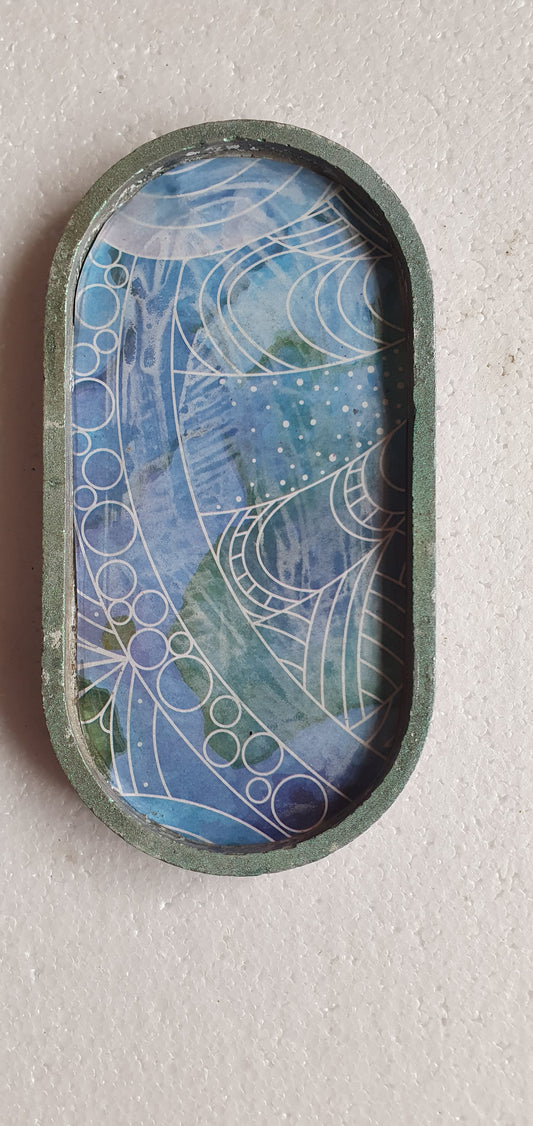 Decoupage Trinket Tray Cement Base Metallic Green White Blue Home Decor Gift
