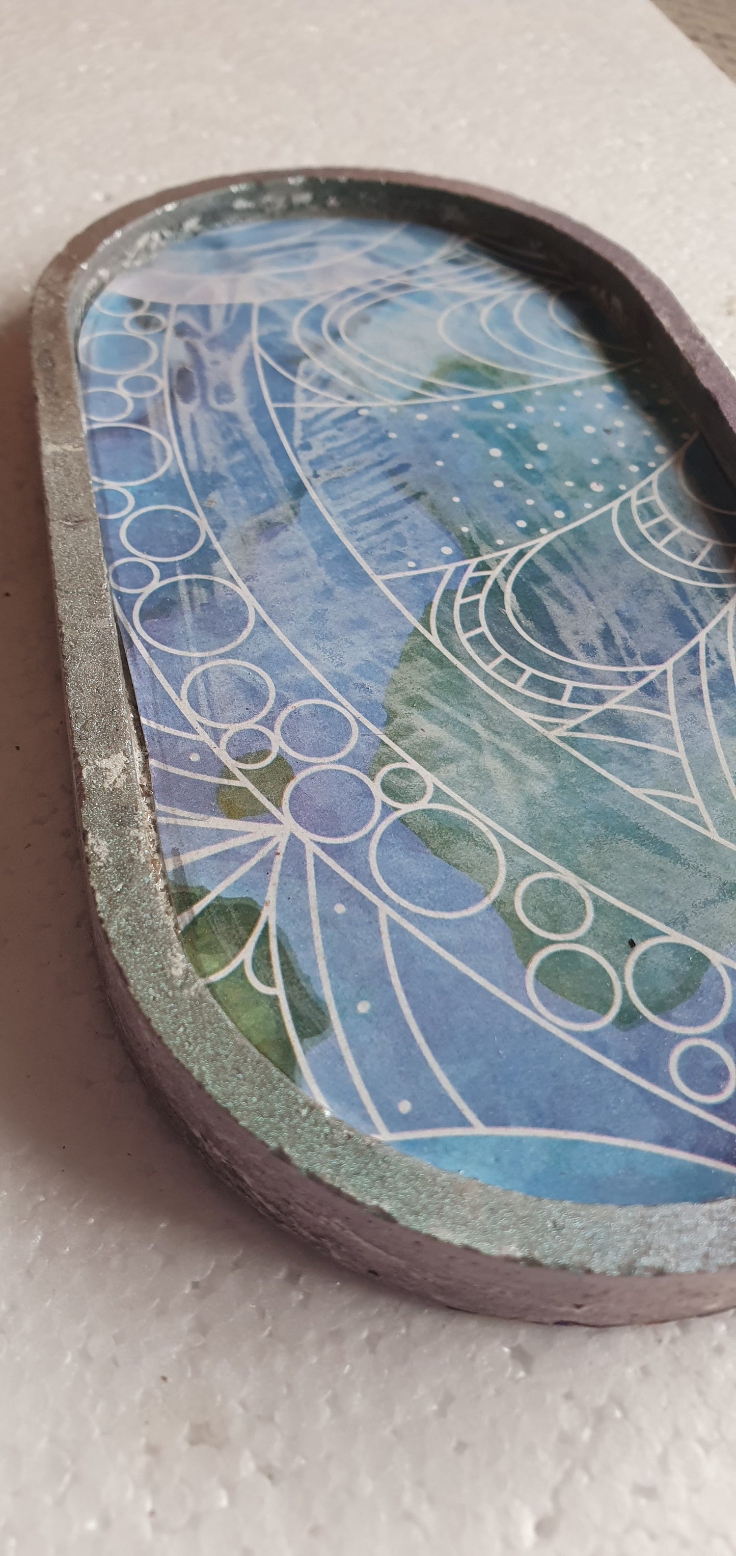 Decoupage Trinket Tray Cement Base Metallic Green White Blue Home Decor Gift
