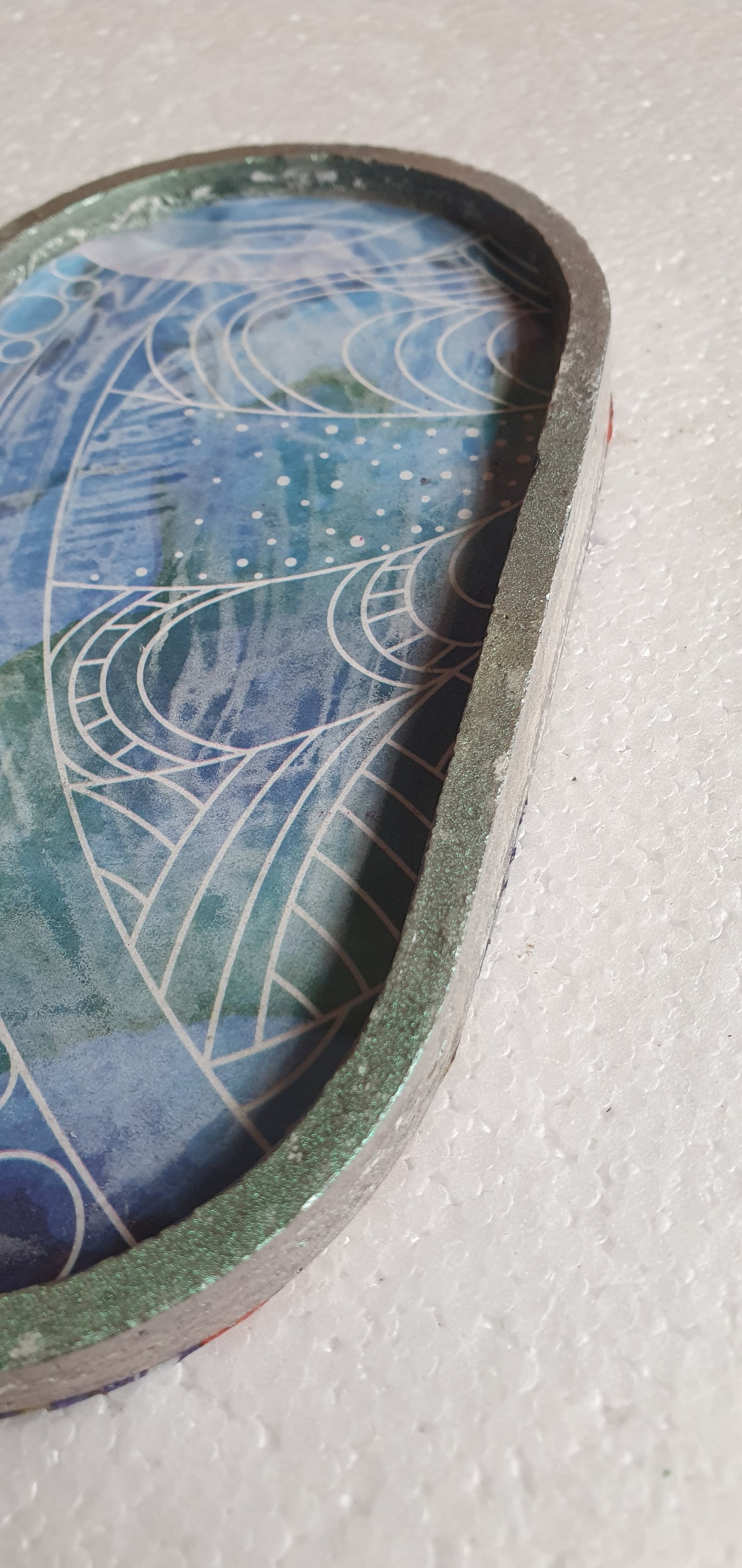 Decoupage Trinket Tray Cement Base Metallic Green White Blue Home Decor Gift