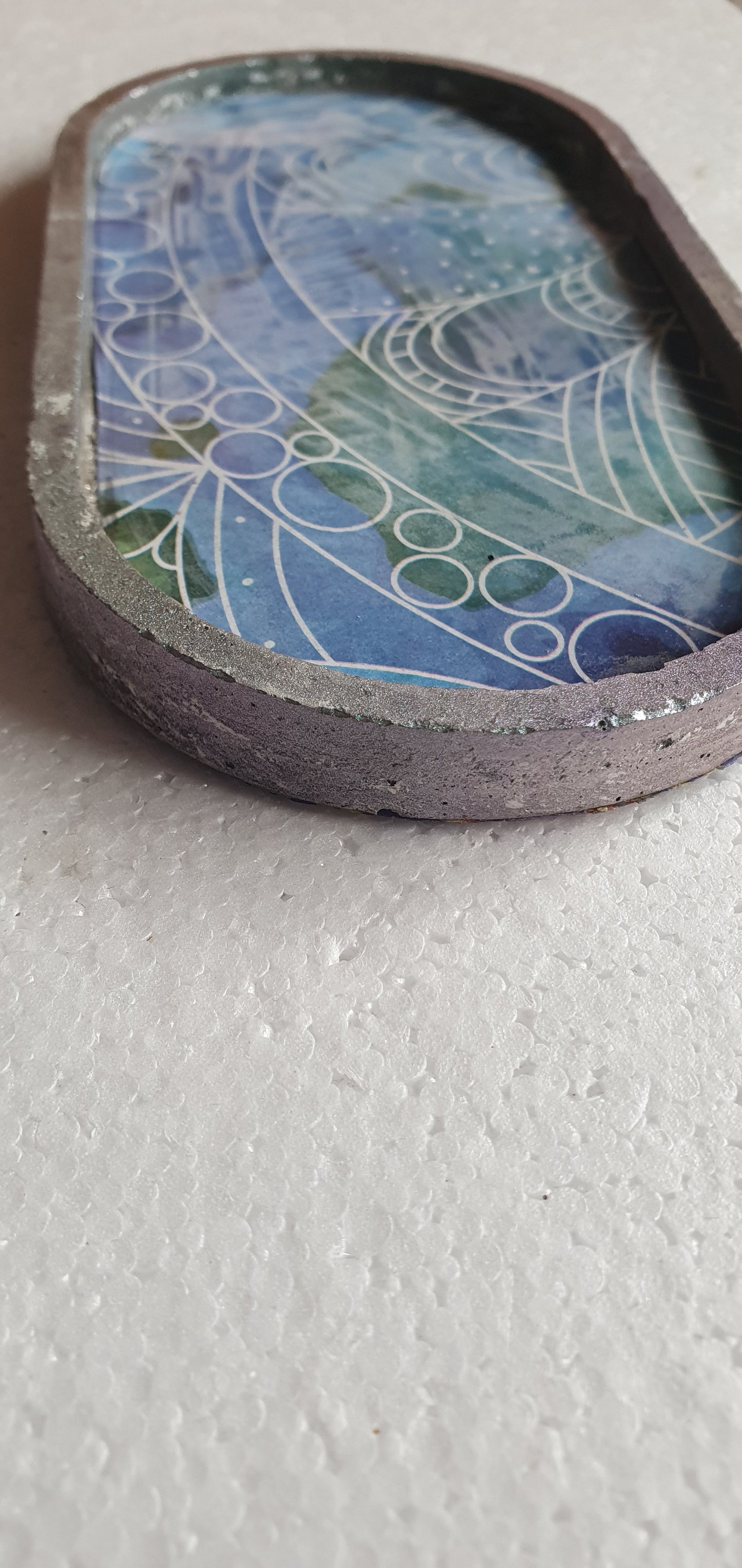 Decoupage Trinket Tray Cement Base Metallic Green White Blue Home Decor Gift