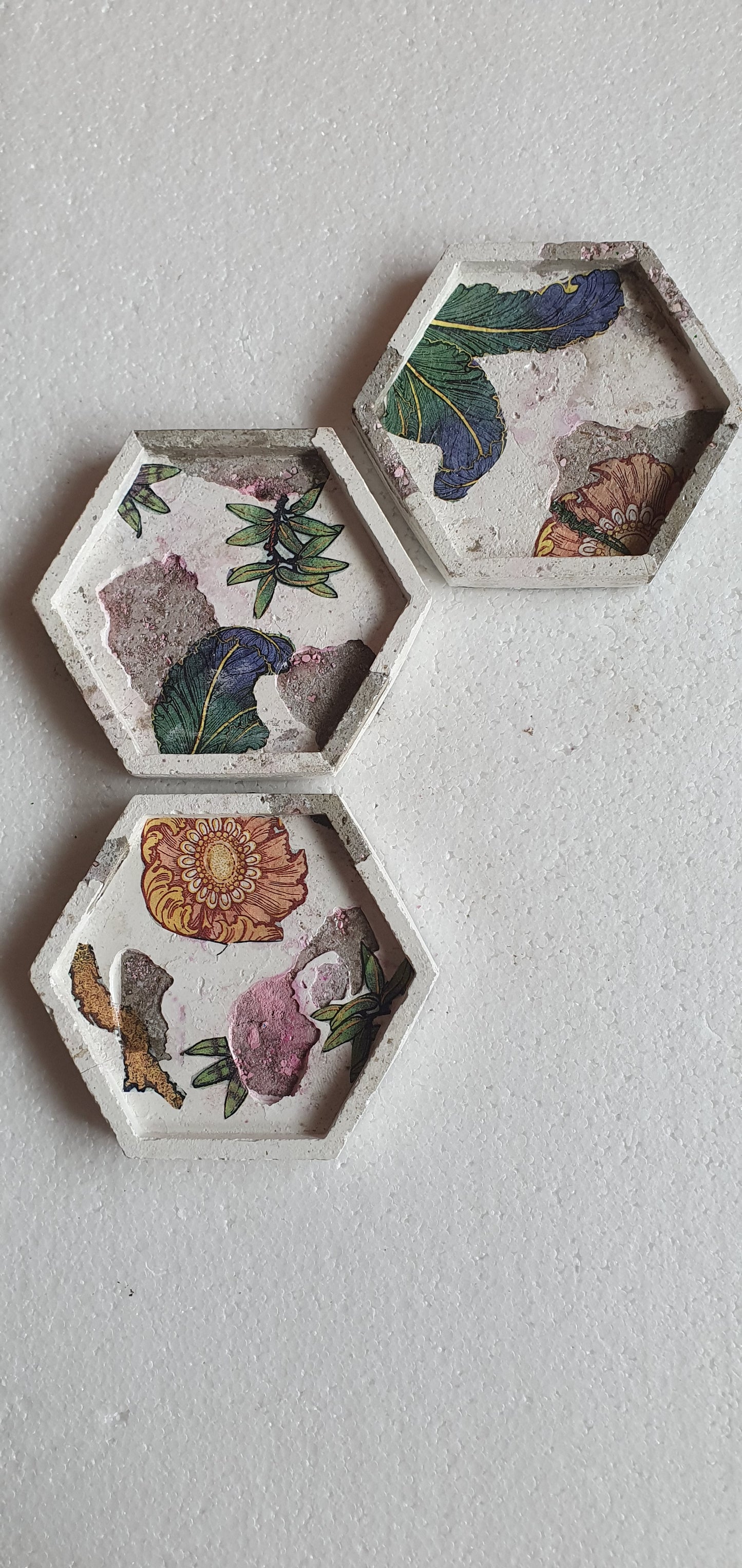 Set Of Three Hexagon Coaster Cement Base White Purple Grey Green Pink Home Decor Gift
