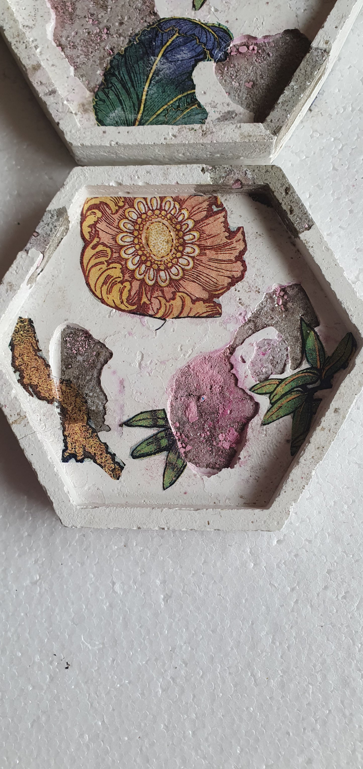 Set Of Three Hexagon Coaster Cement Base White Purple Grey Green Pink Home Decor Gift