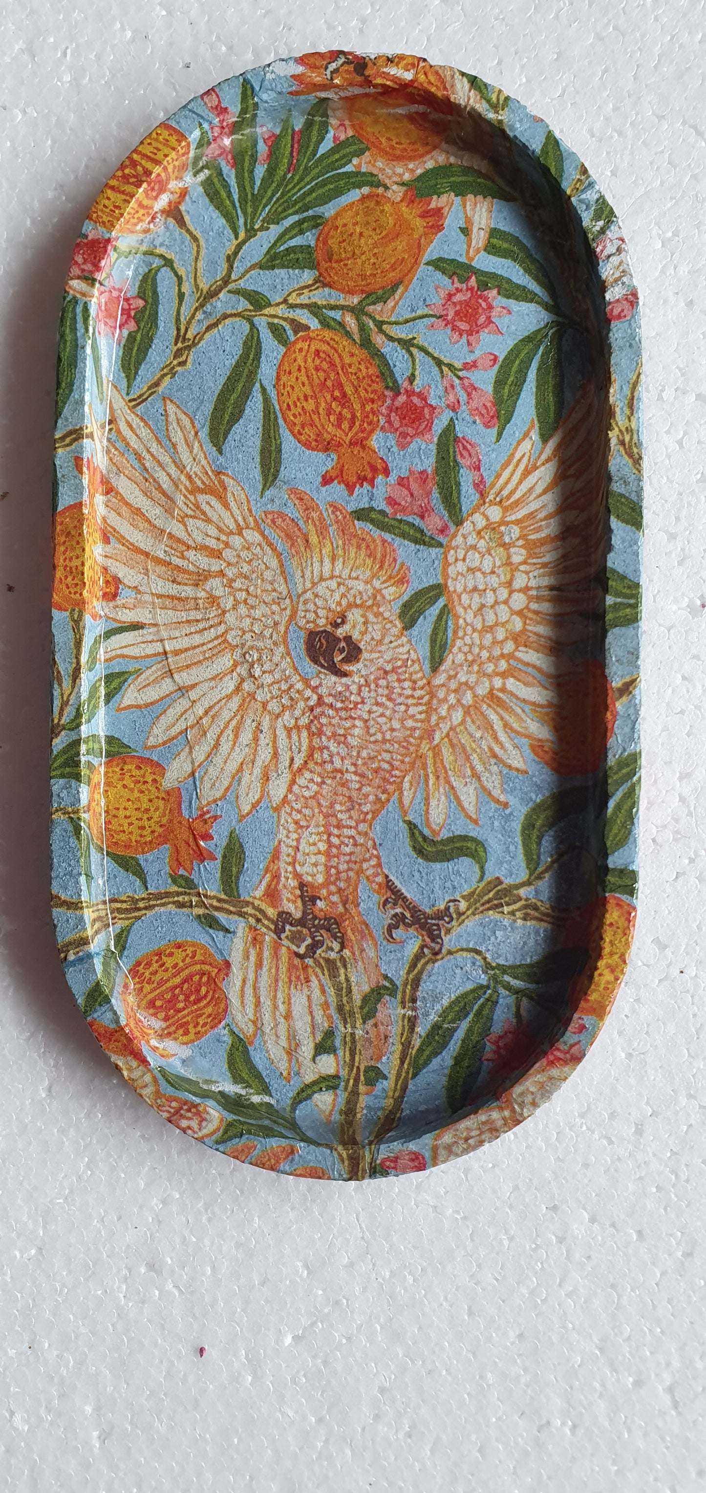 Decoupage Trinket Tray Cement Base Orange Blue Green Cockatoos Home Decor Gift