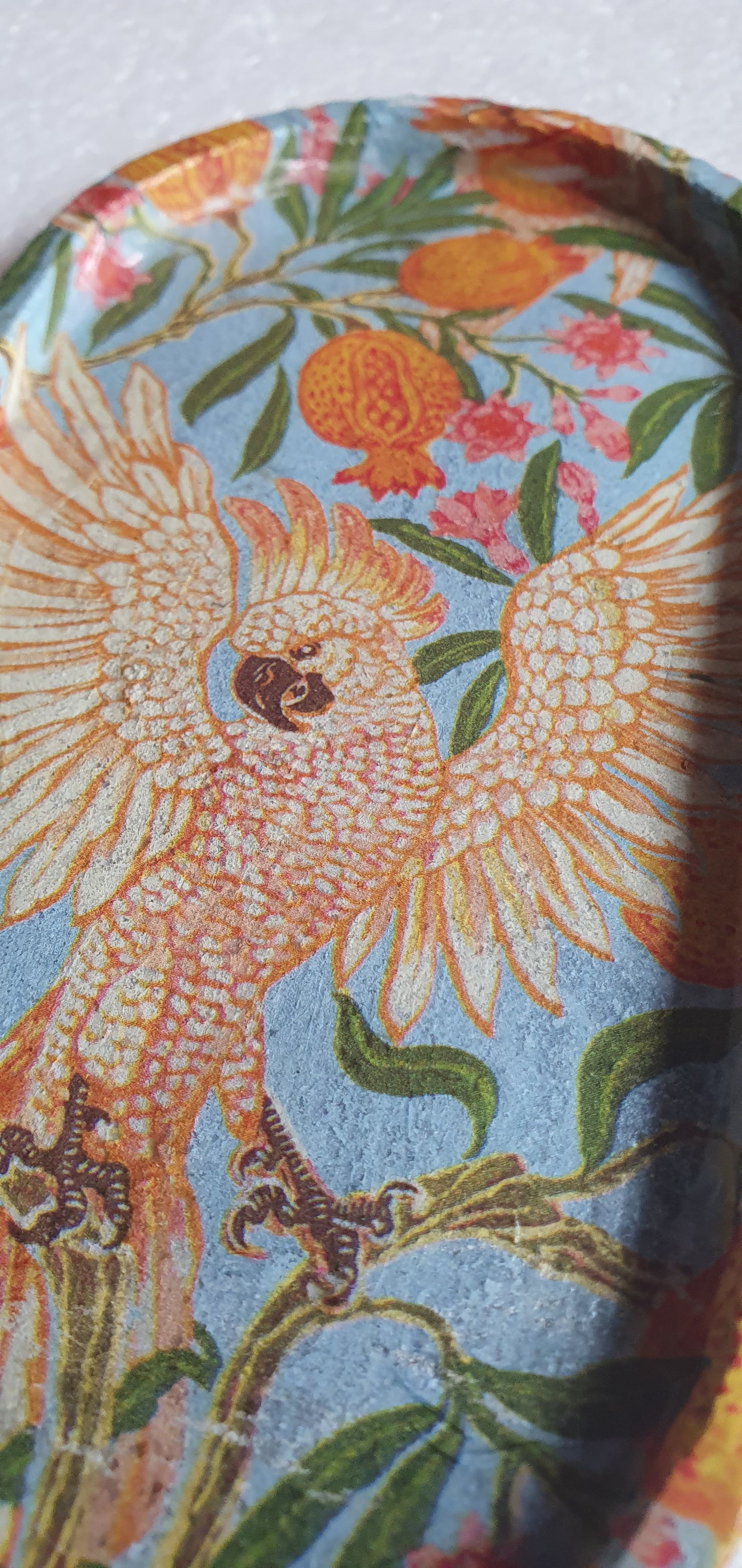Decoupage Trinket Tray Cement Base Orange Blue Green Cockatoos Home Decor Gift