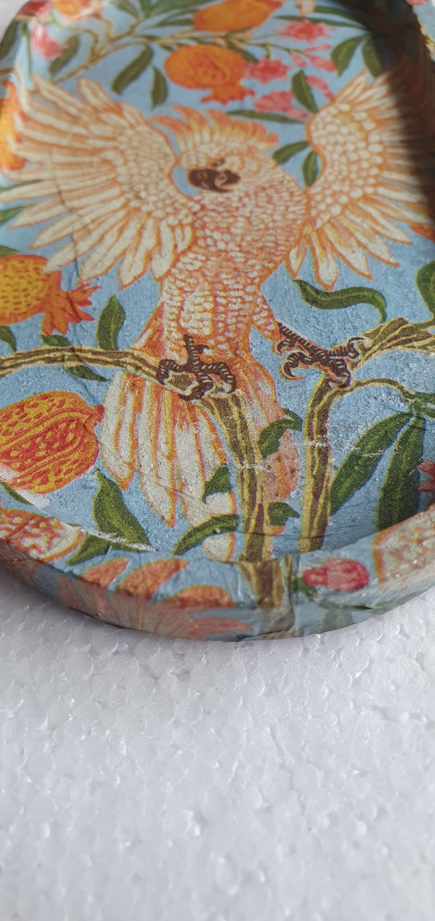 Decoupage Trinket Tray Cement Base Orange Blue Green Cockatoos Home Decor Gift