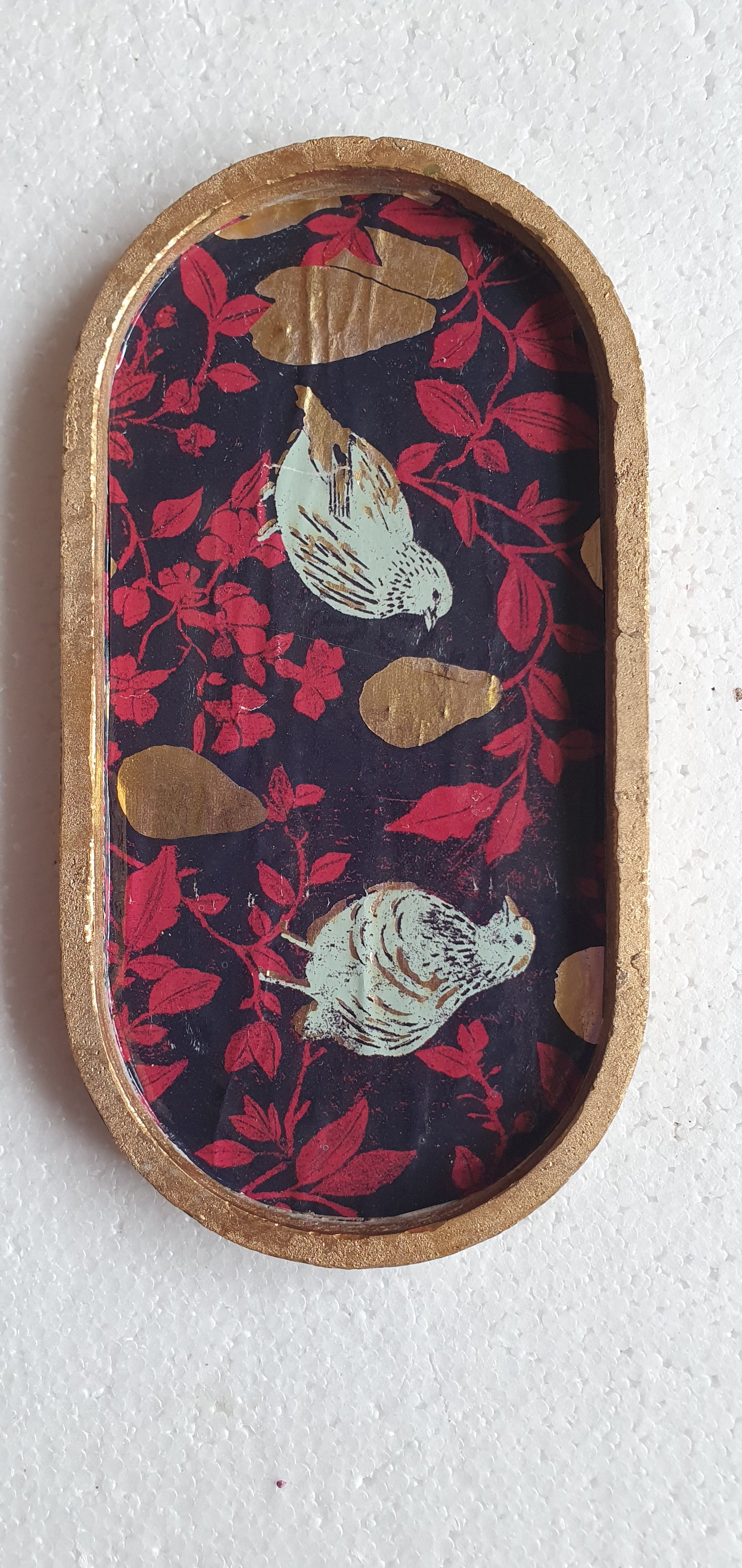 Decoupage Trinket Tray Cement Base Gold Purple Pink Partridges Pears Home Decor Gift