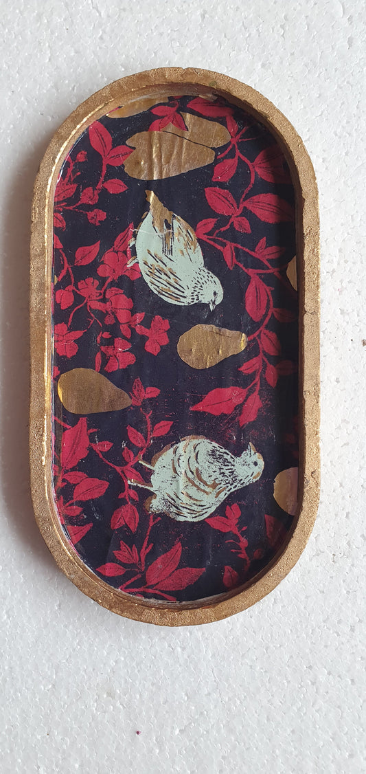 Decoupage Trinket Tray Cement Base Gold Purple Pink Partridges Pears Home Decor Gift