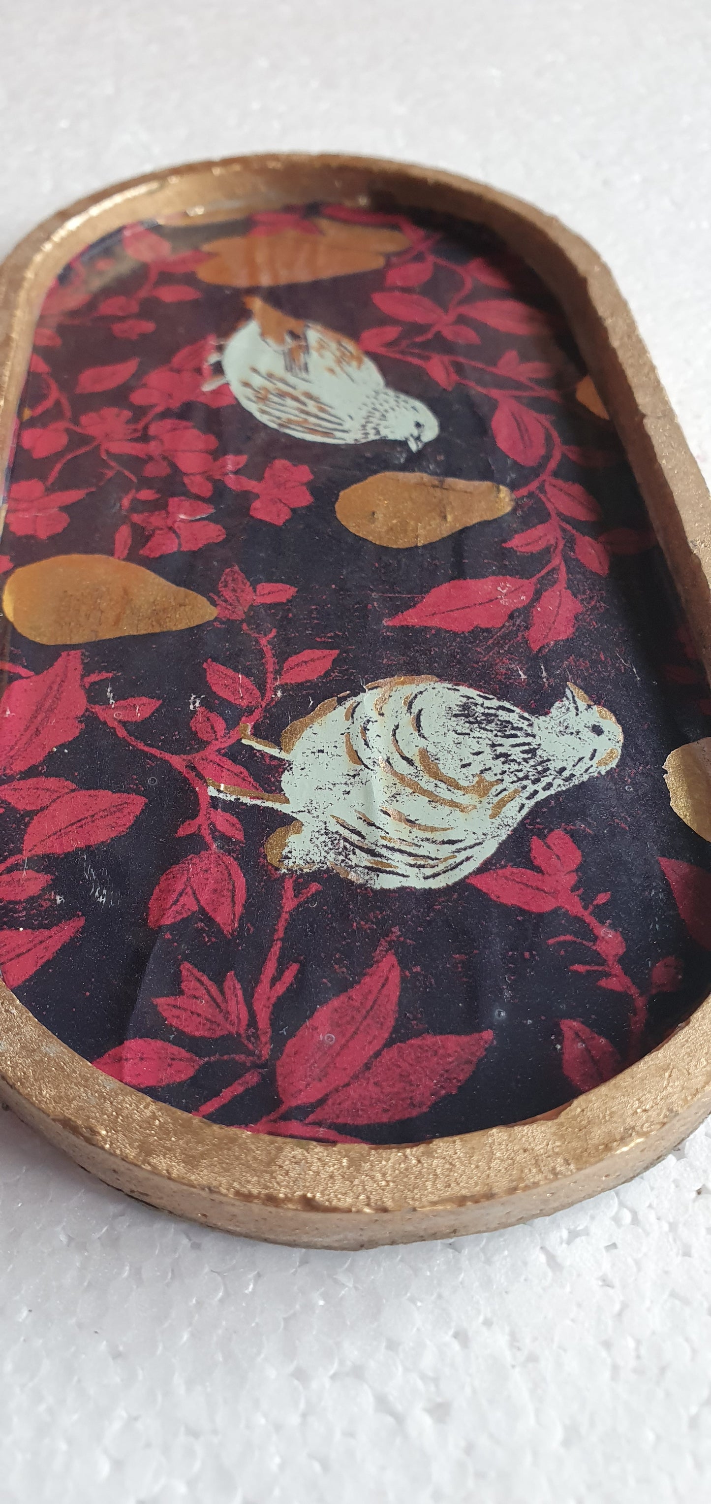Decoupage Trinket Tray Cement Base Gold Purple Pink Partridges Pears Home Decor Gift