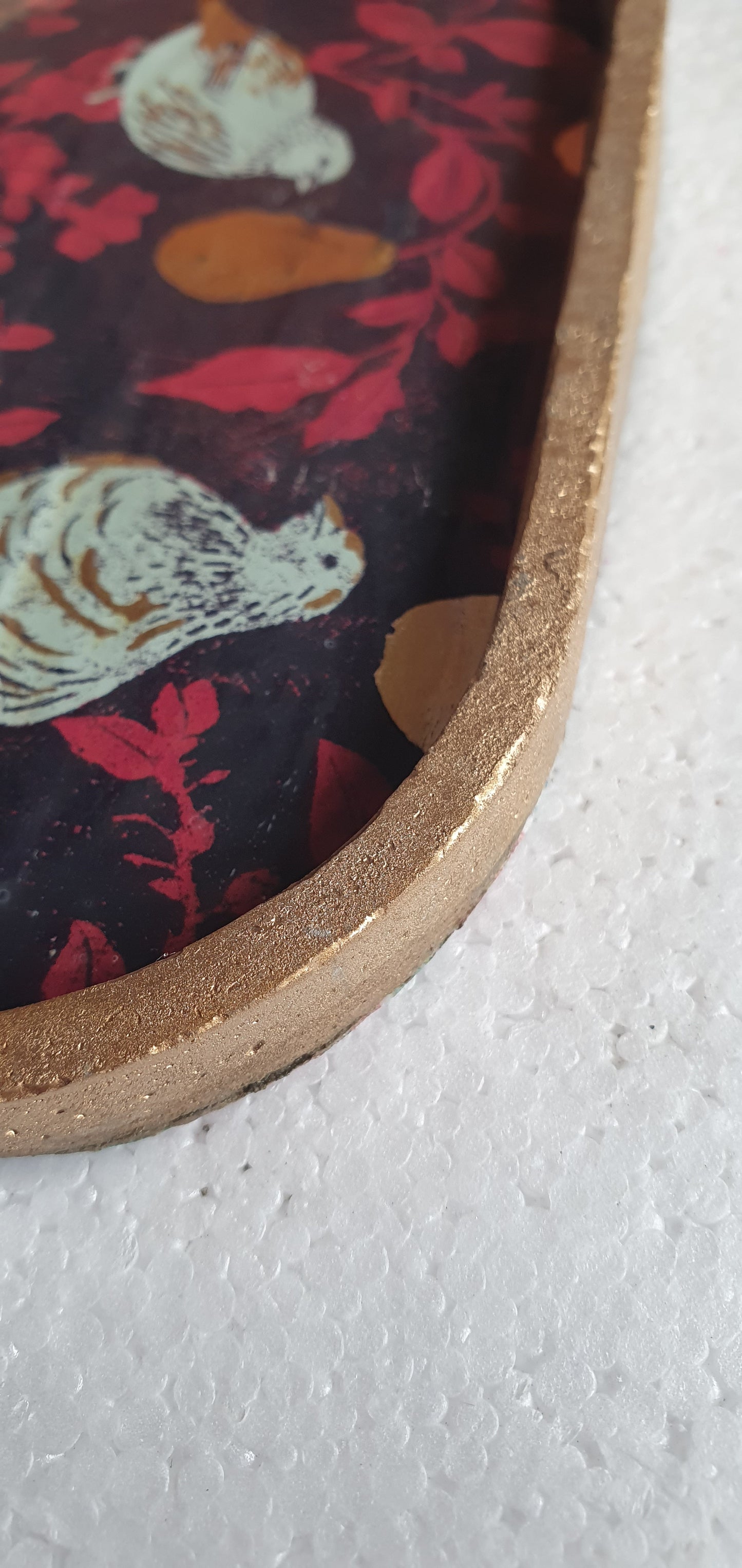 Decoupage Trinket Tray Cement Base Gold Purple Pink Partridges Pears Home Decor Gift