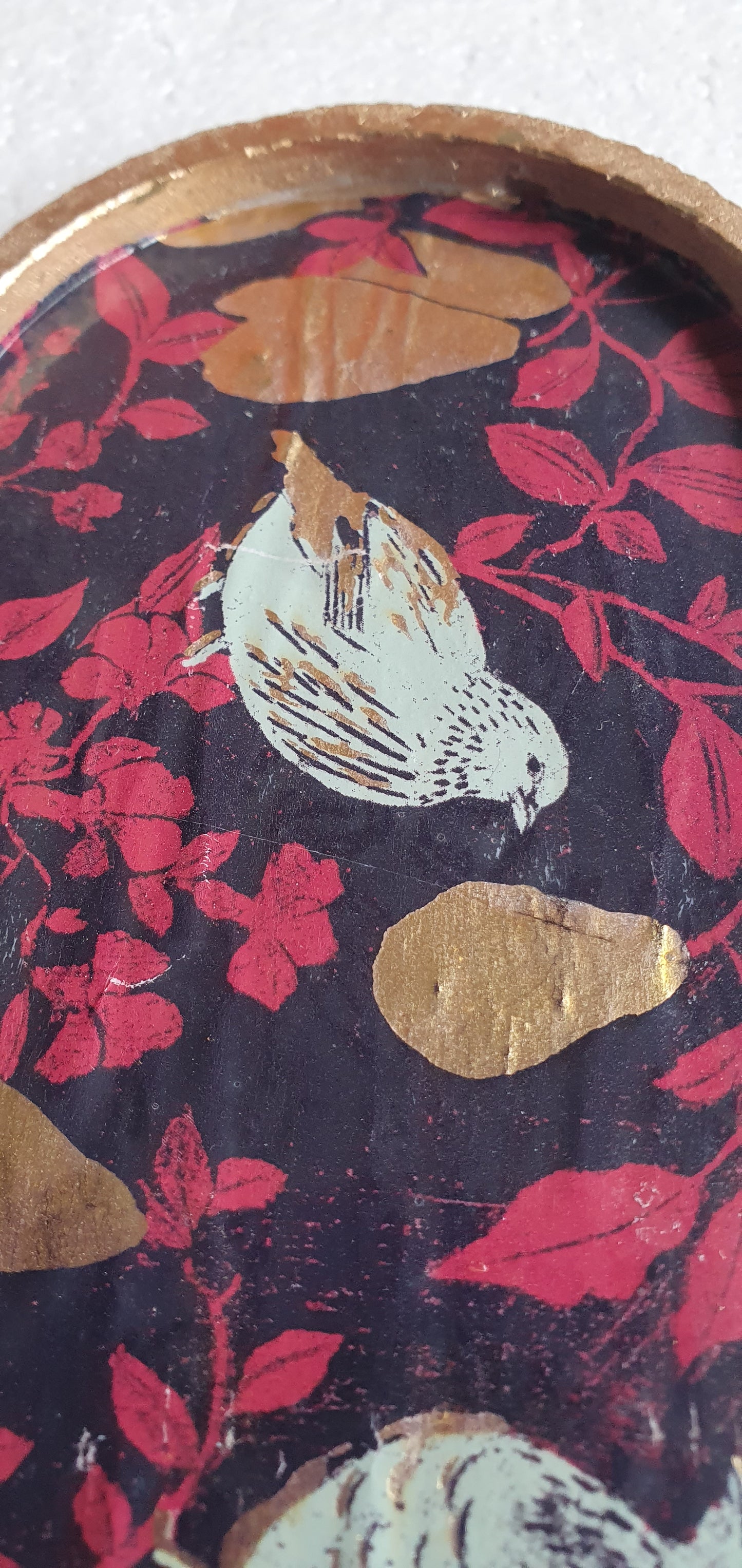 Decoupage Trinket Tray Cement Base Gold Purple Pink Partridges Pears Home Decor Gift