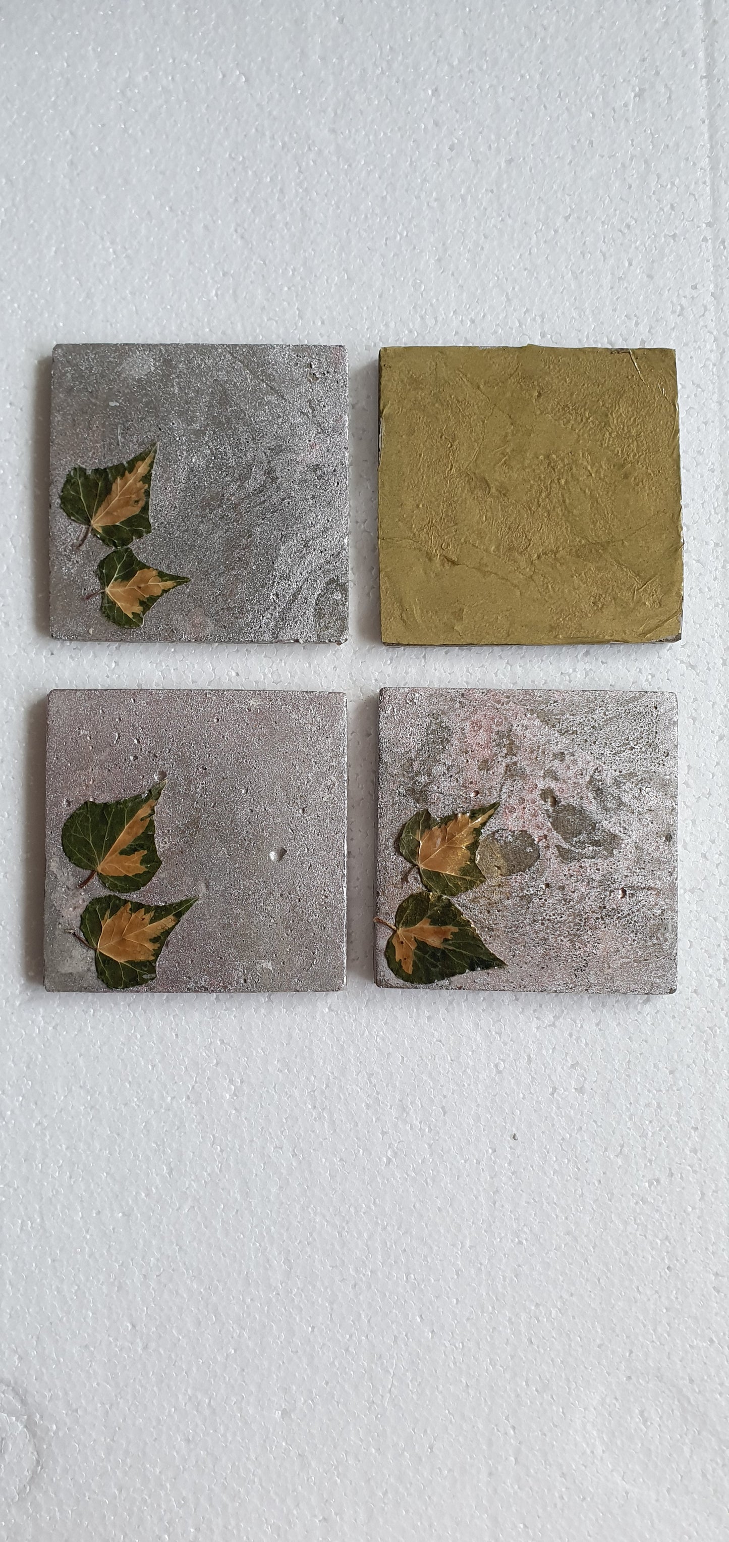 Set Of Four Coasters Grey Cement Base Pink, Metallic, Green Leaves Home Decor Gift