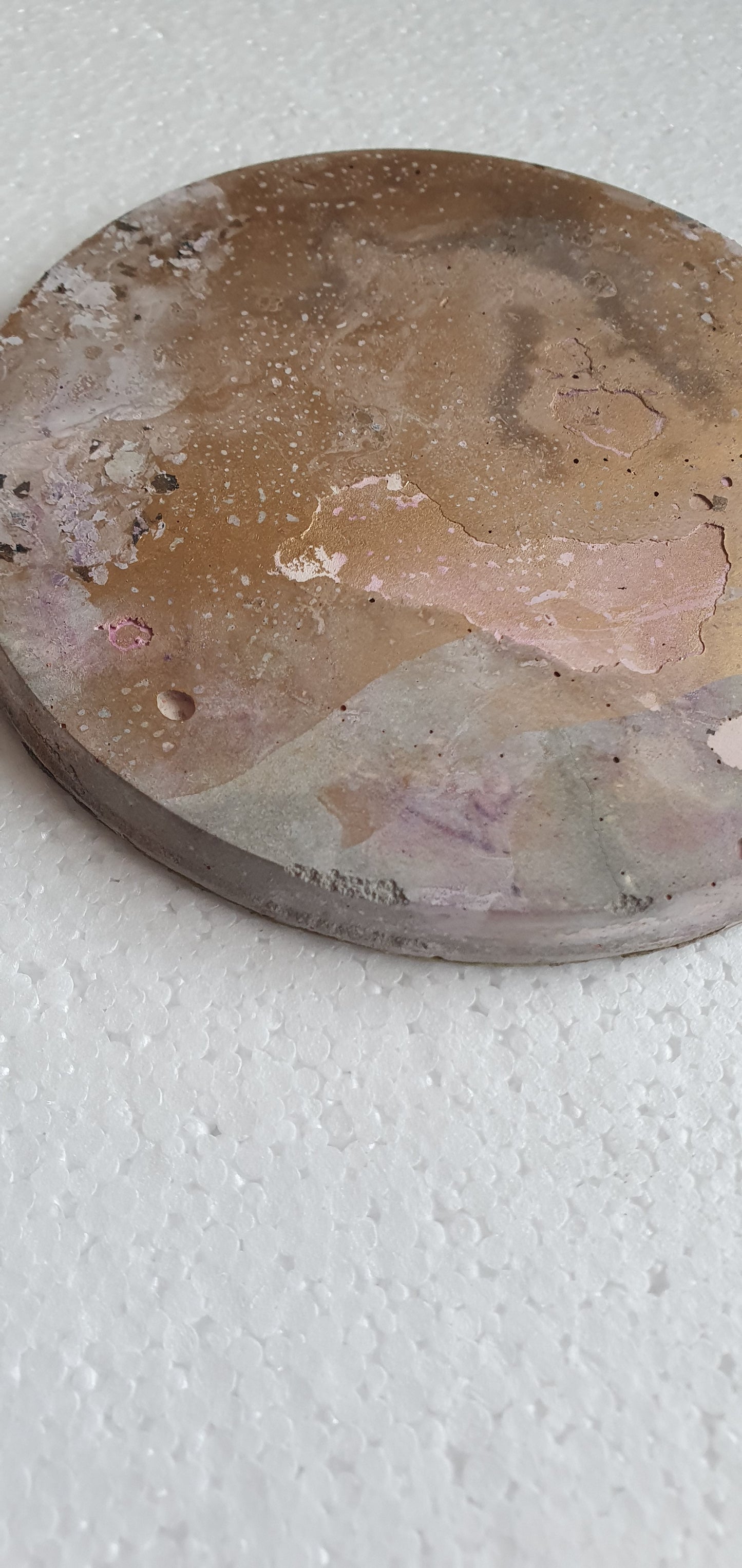 Large Single Round Decoupage Coaster Cement Base Grey Pink Gold Home Decor Gift
