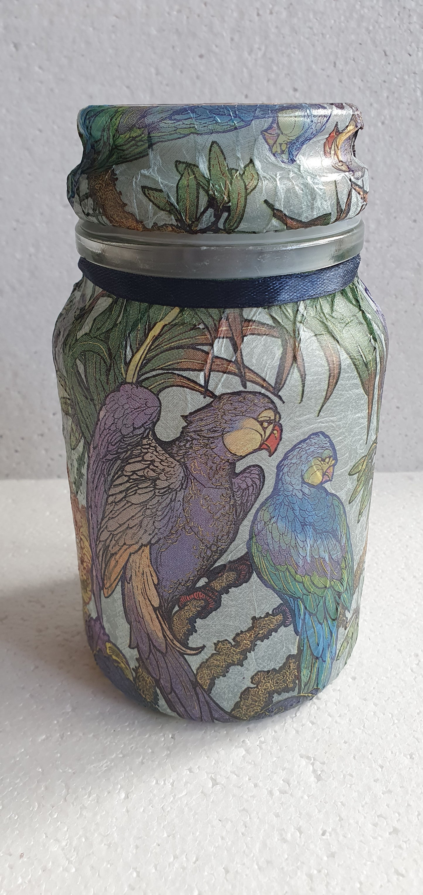 Medium 'Chunky' Hand Decorated Glass Pin Cushion Jar Purple Blue Green Parrots Crafters Gift