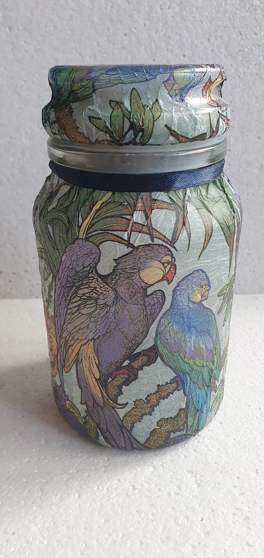 Medium 'Chunky' Hand Decorated Glass Pin Cushion Jar Purple Blue Green Parrots Crafters Gift