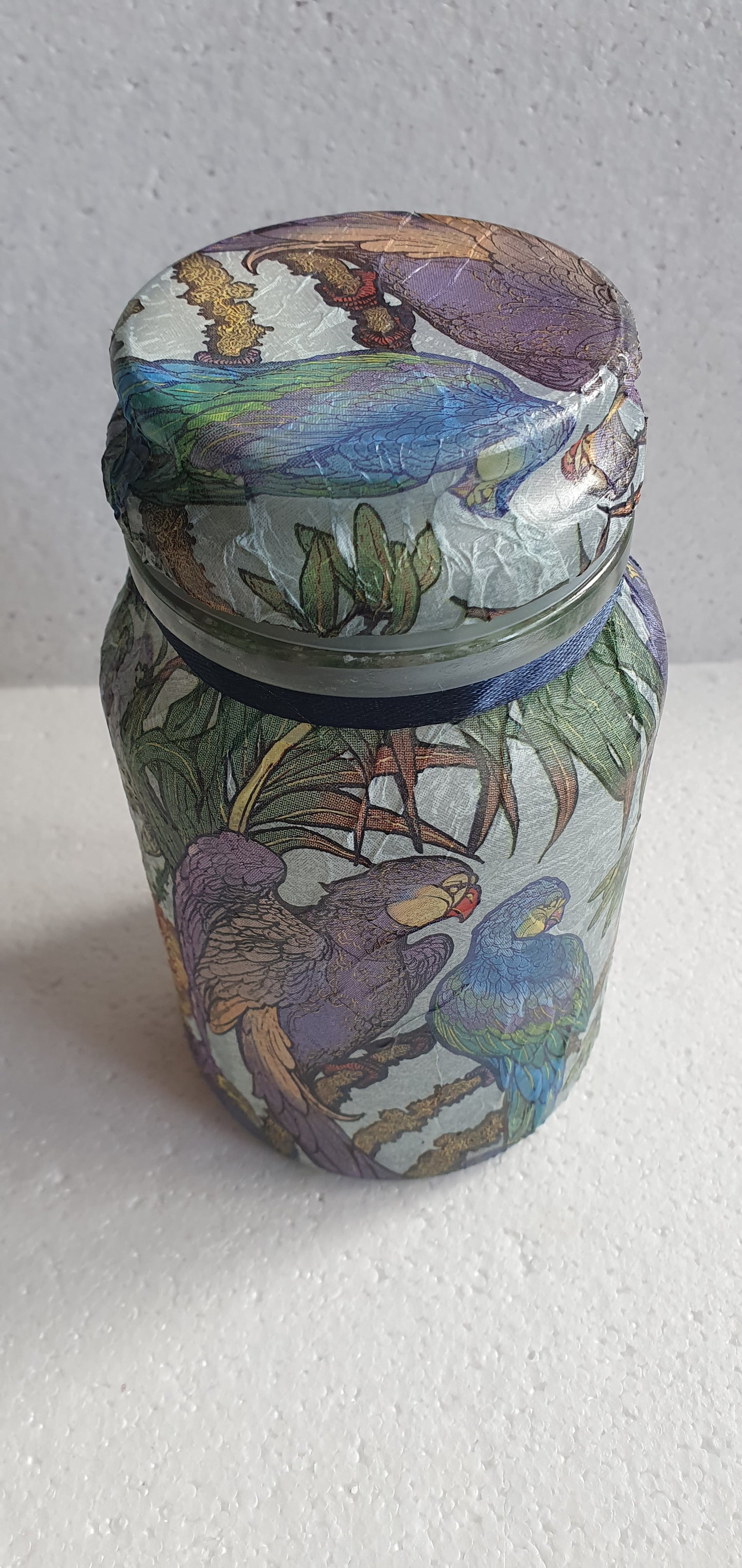Medium 'Chunky' Hand Decorated Glass Pin Cushion Jar Purple Blue Green Parrots Crafters Gift