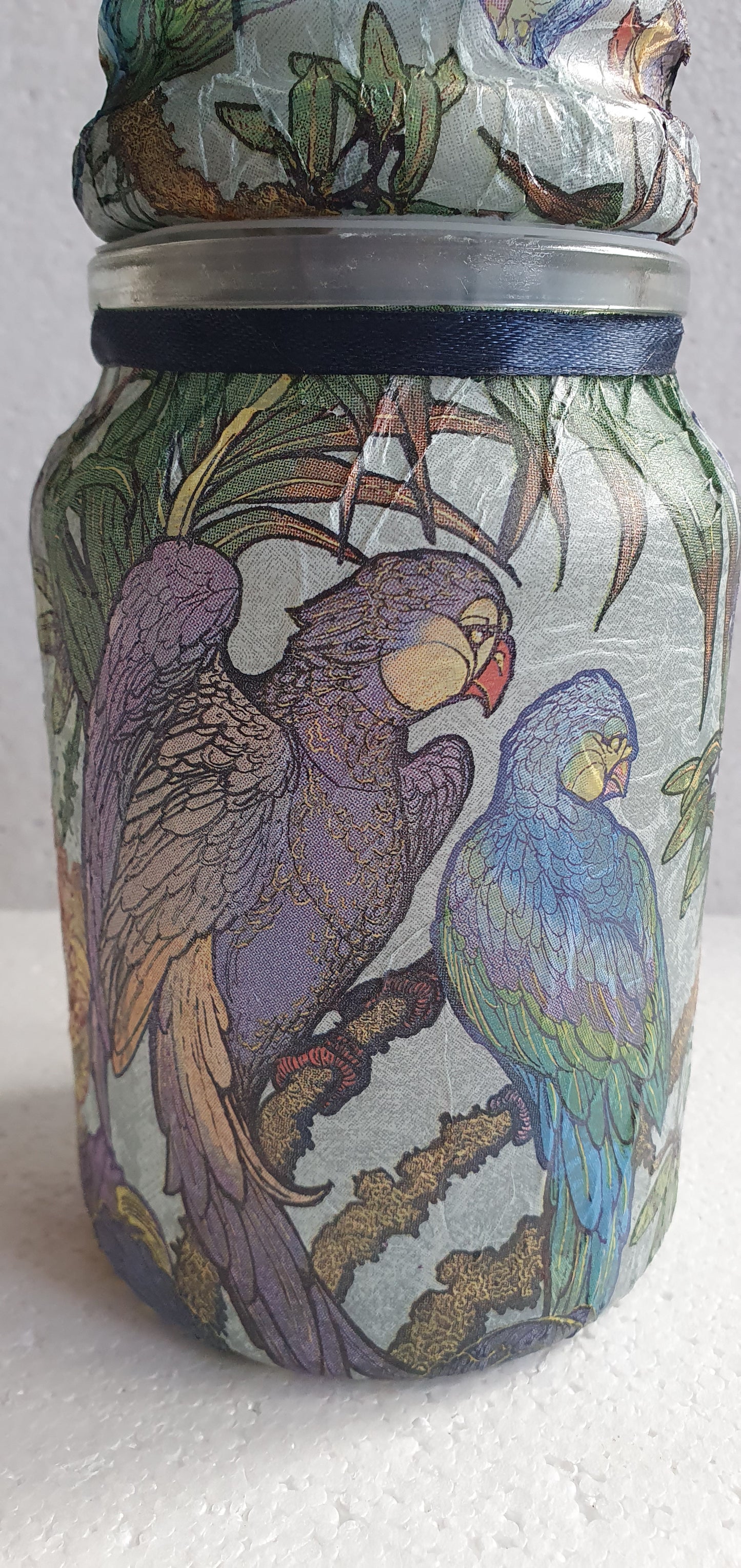 Medium 'Chunky' Hand Decorated Glass Pin Cushion Jar Purple Blue Green Parrots Crafters Gift