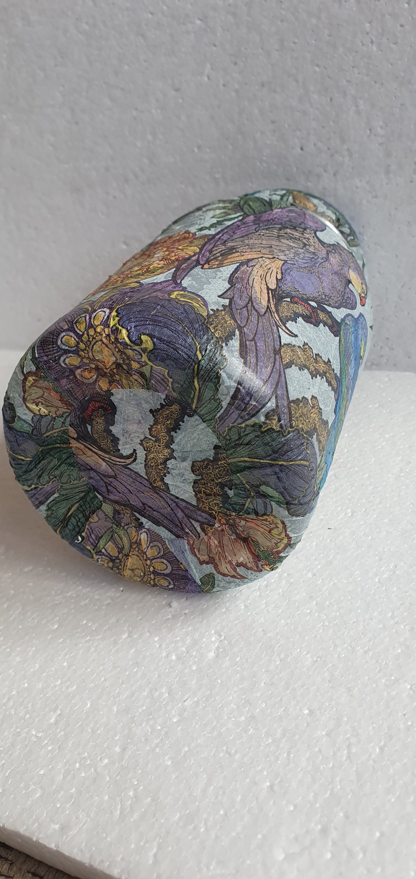 Medium 'Chunky' Hand Decorated Glass Pin Cushion Jar Purple Blue Green Parrots Crafters Gift
