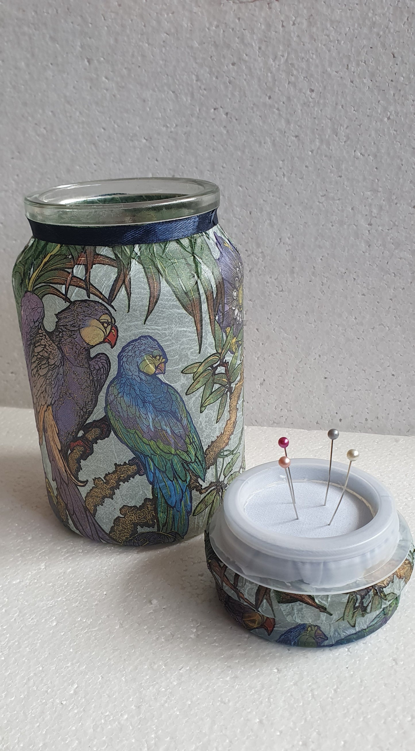 Medium 'Chunky' Hand Decorated Glass Pin Cushion Jar Purple Blue Green Parrots Crafters Gift