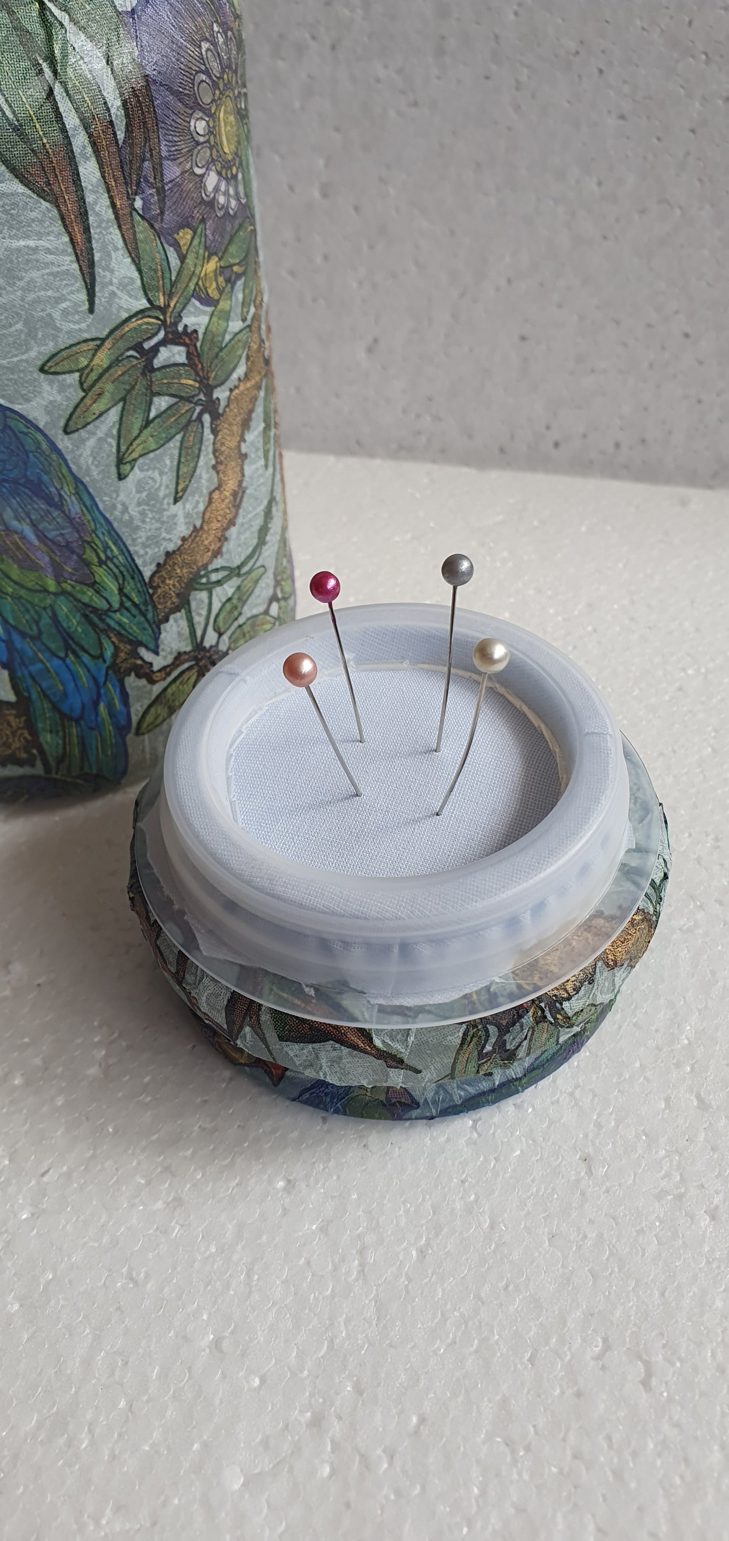 Medium 'Chunky' Hand Decorated Glass Pin Cushion Jar Purple Blue Green Parrots Crafters Gift