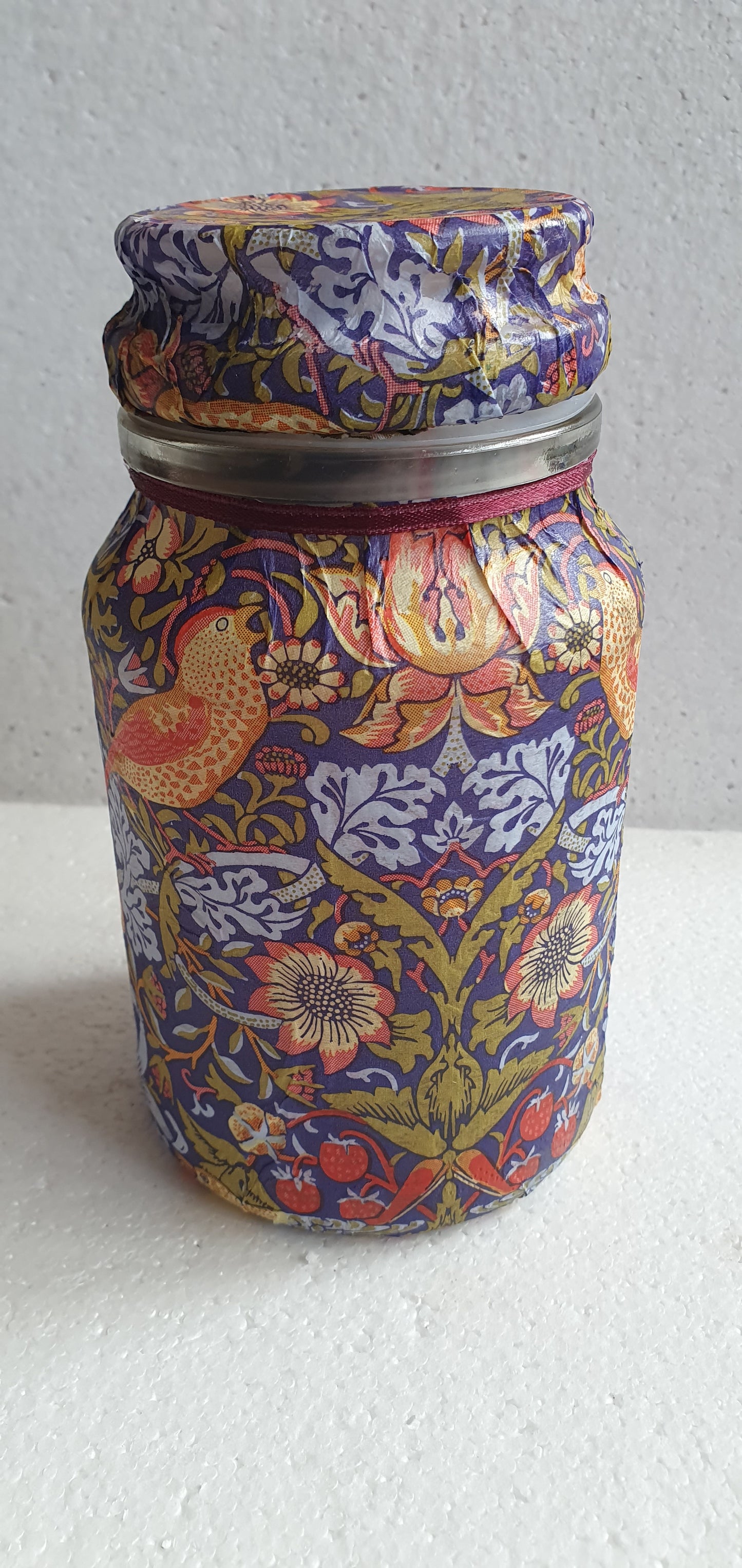 Medium 'Chunky' Hand Decorated Glass Pin Cushion Jar Medieval Blue Yellow Red Birds Crafters Gift