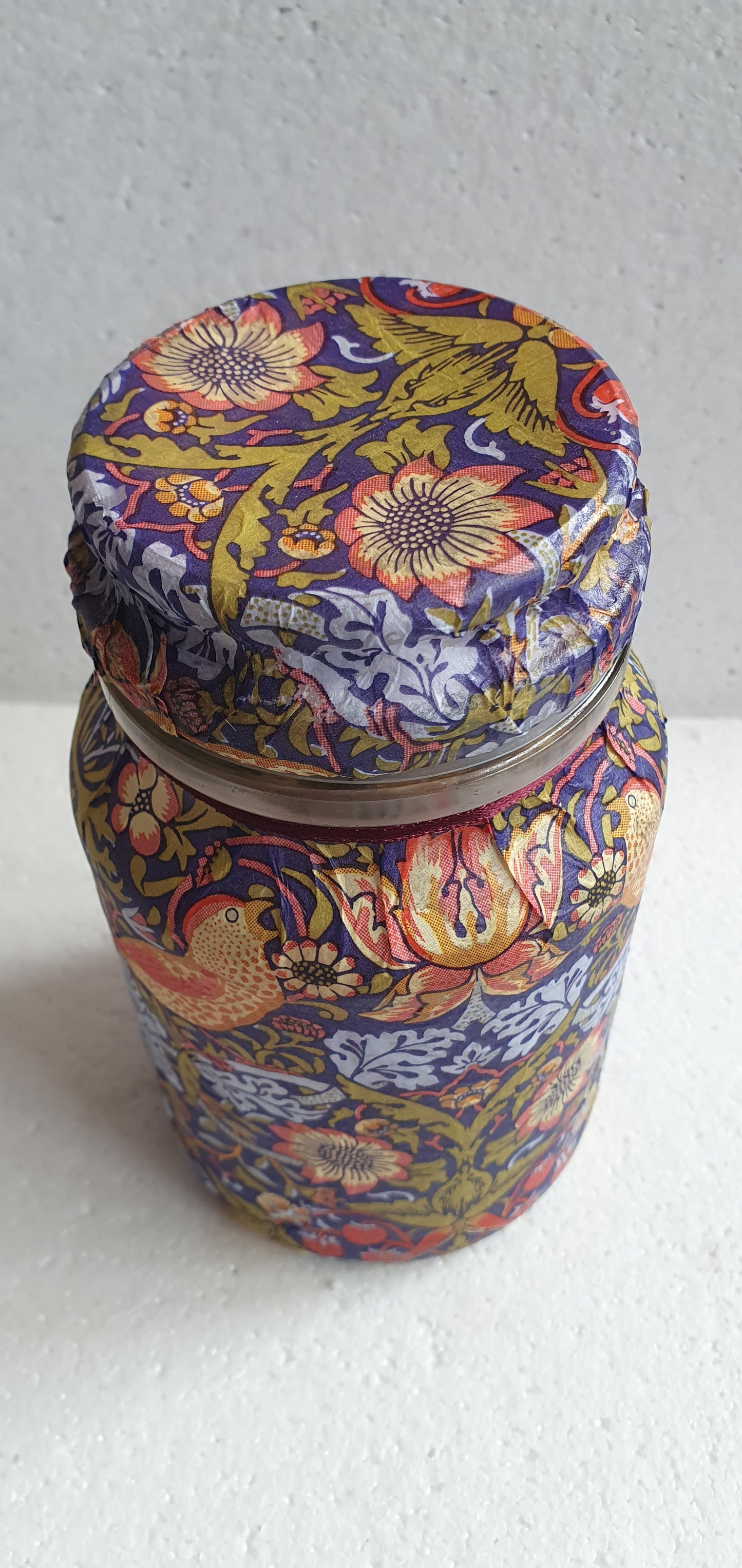 Medium 'Chunky' Hand Decorated Glass Pin Cushion Jar Medieval Blue Yellow Red Birds Crafters Gift