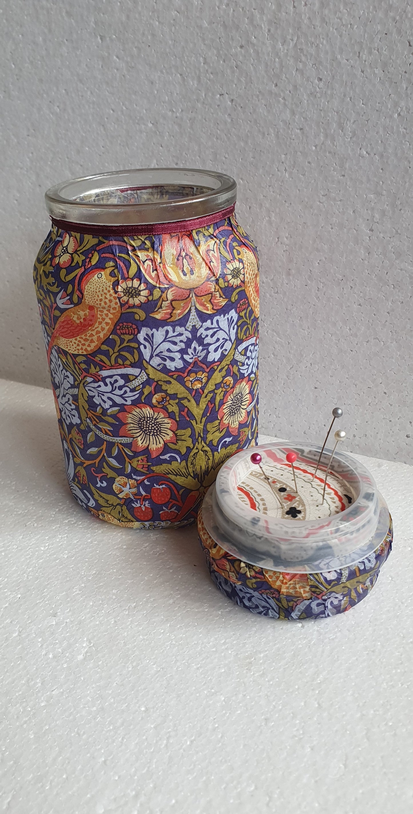 Medium 'Chunky' Hand Decorated Glass Pin Cushion Jar Medieval Blue Yellow Red Birds Crafters Gift