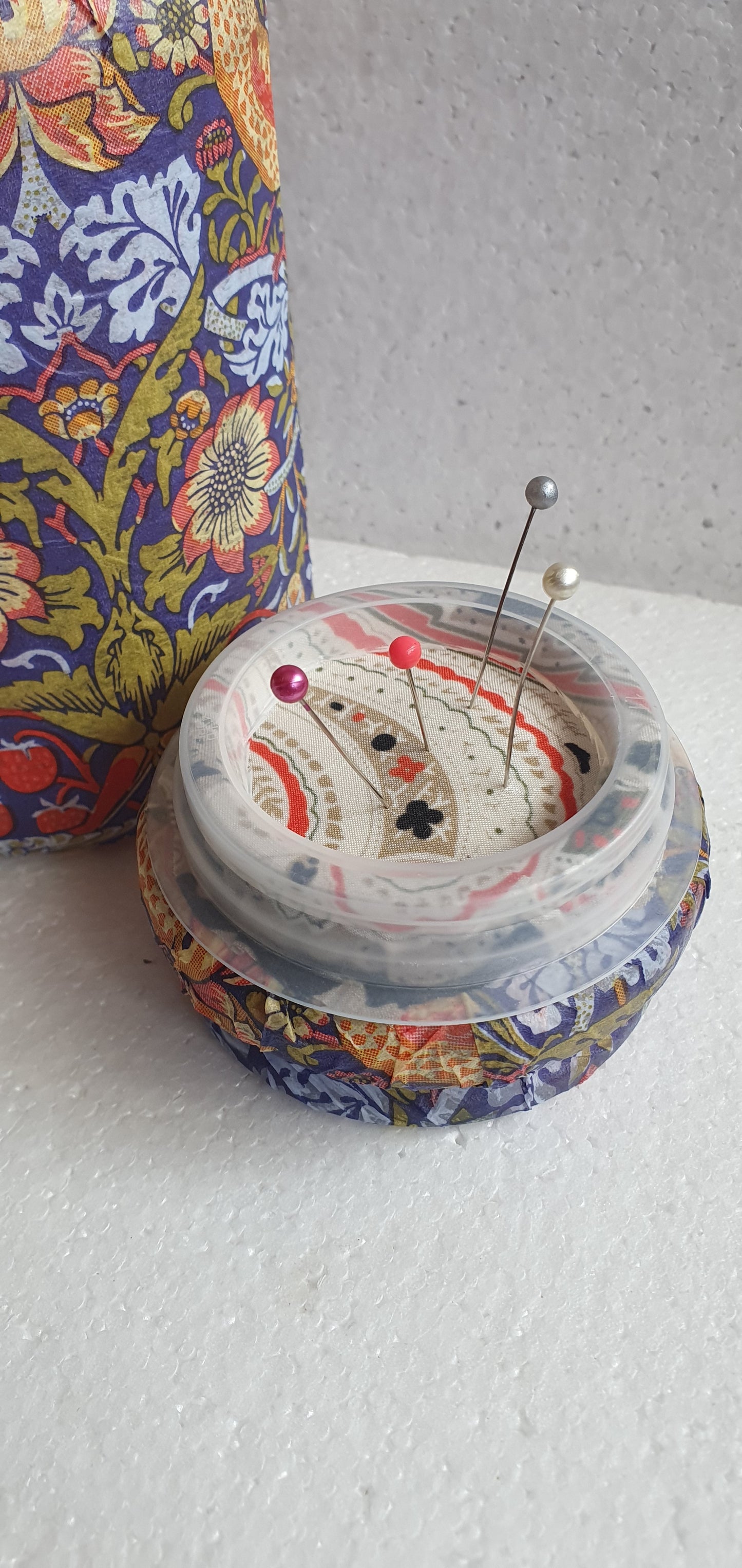 Medium 'Chunky' Hand Decorated Glass Pin Cushion Jar Medieval Blue Yellow Red Birds Crafters Gift
