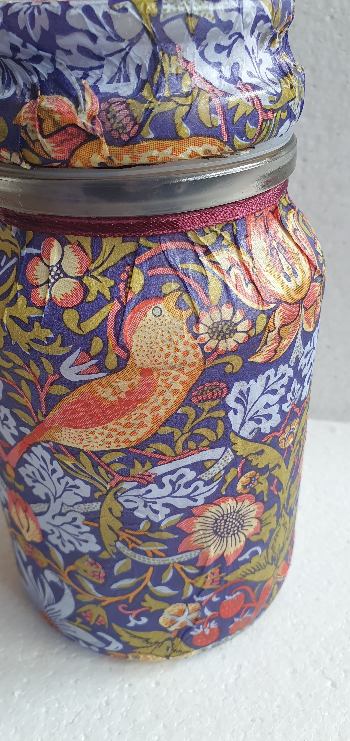 Medium 'Chunky' Hand Decorated Glass Pin Cushion Jar Medieval Blue Yellow Red Birds Crafters Gift