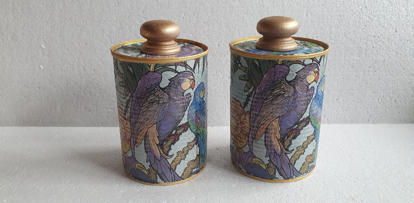 Upcycle Tin Can Desk Tidy With Lid Blue Purple Green Gold Parrots Decoupage Hand Decorated Home Decor Gift