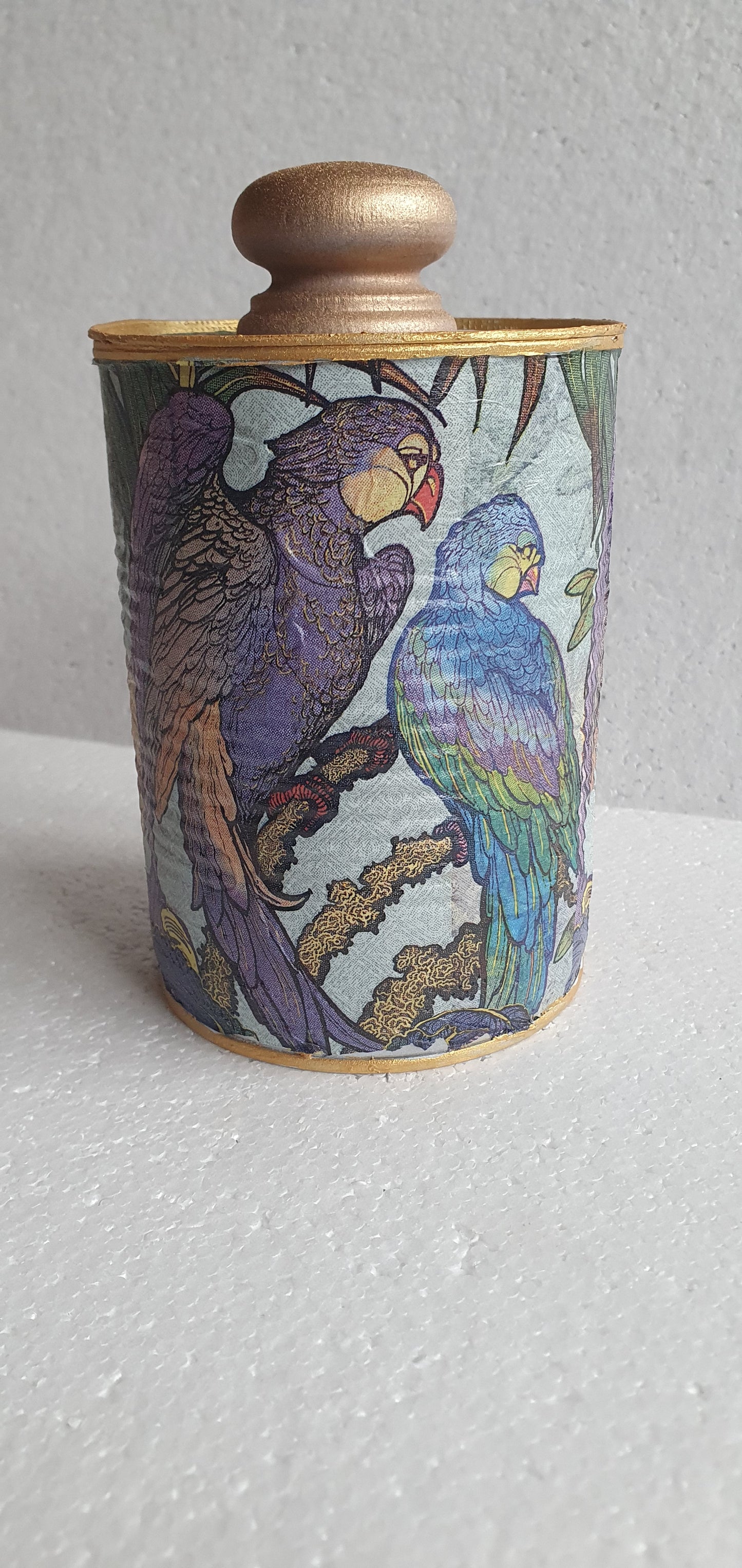 Upcycle Tin Can Desk Tidy With Lid Blue Purple Green Gold Parrots Decoupage Hand Decorated Home Decor Gift