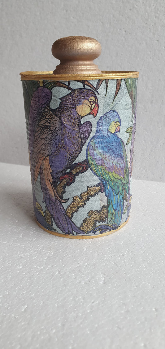 Upcycle Tin Can Desk Tidy With Lid Blue Purple Green Gold Parrots Decoupage Hand Decorated Home Decor Gift