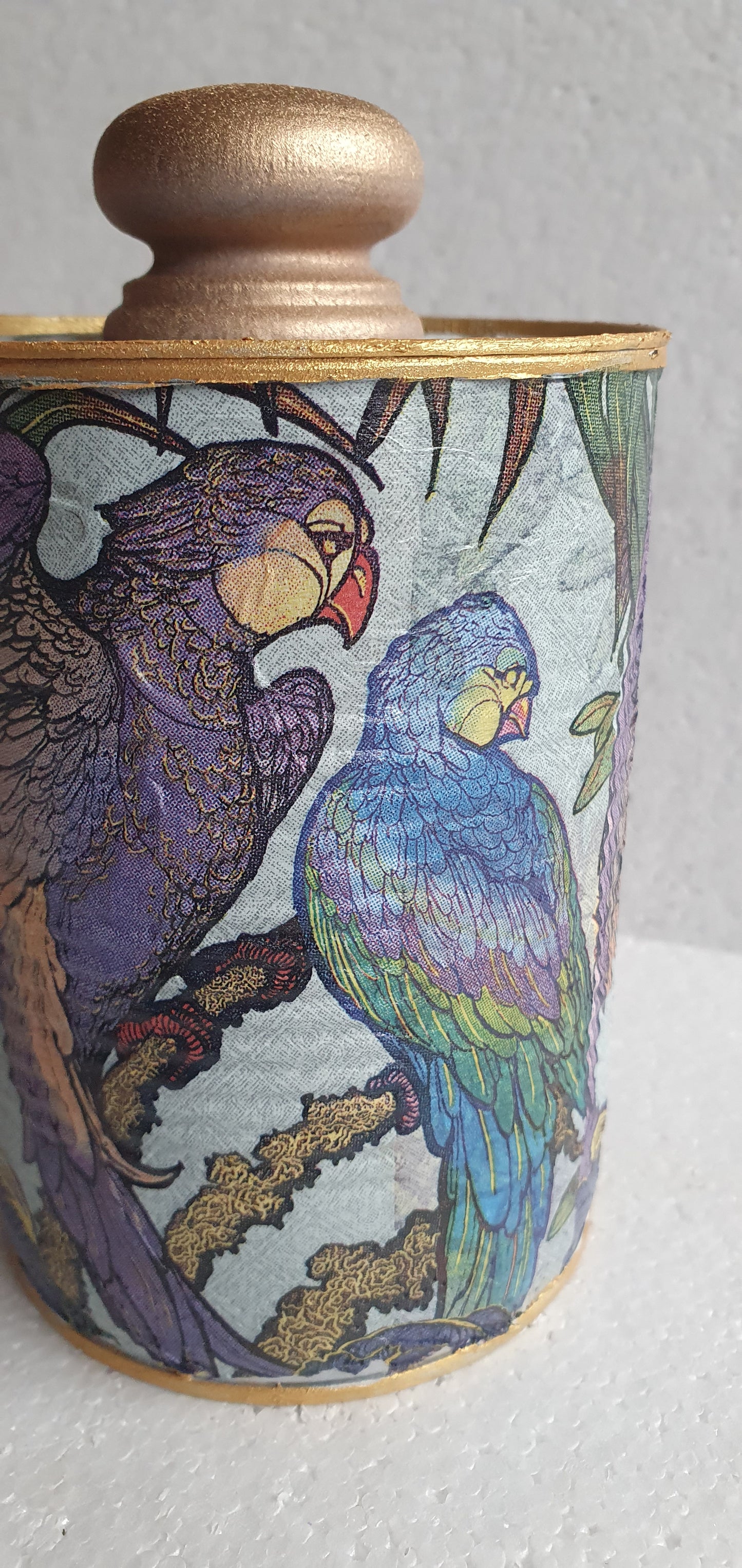 Upcycle Tin Can Desk Tidy With Lid Blue Purple Green Gold Parrots Decoupage Hand Decorated Home Decor Gift
