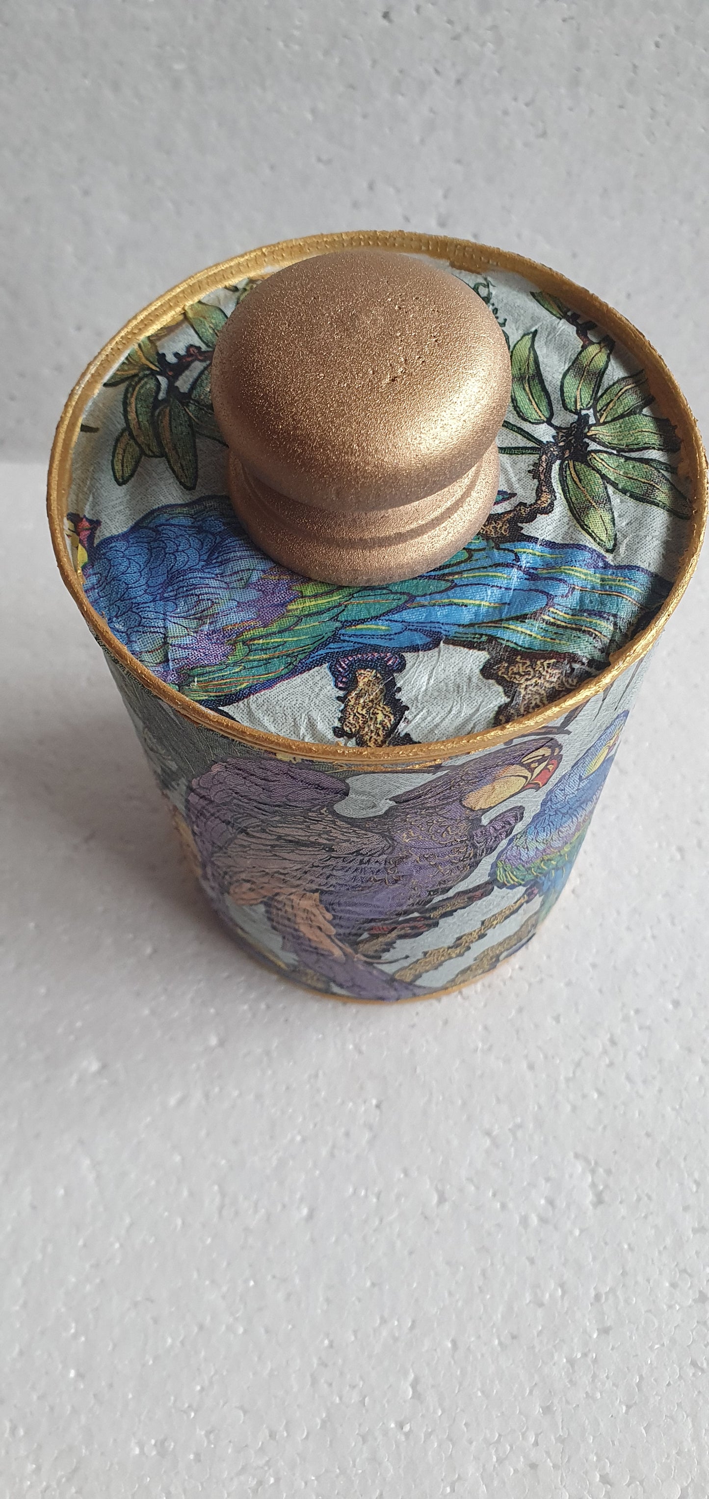 Upcycle Tin Can Desk Tidy With Lid Blue Purple Green Gold Parrots Decoupage Hand Decorated Home Decor Gift