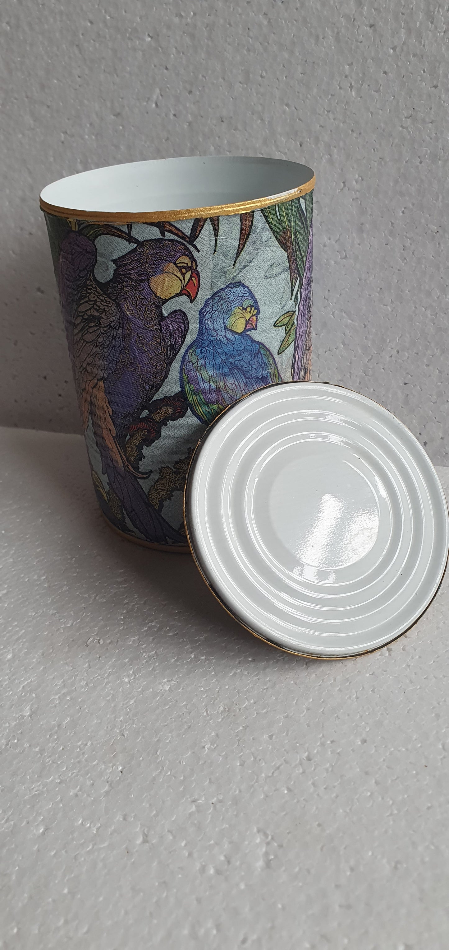 Upcycle Tin Can Desk Tidy With Lid Blue Purple Green Gold Parrots Decoupage Hand Decorated Home Decor Gift